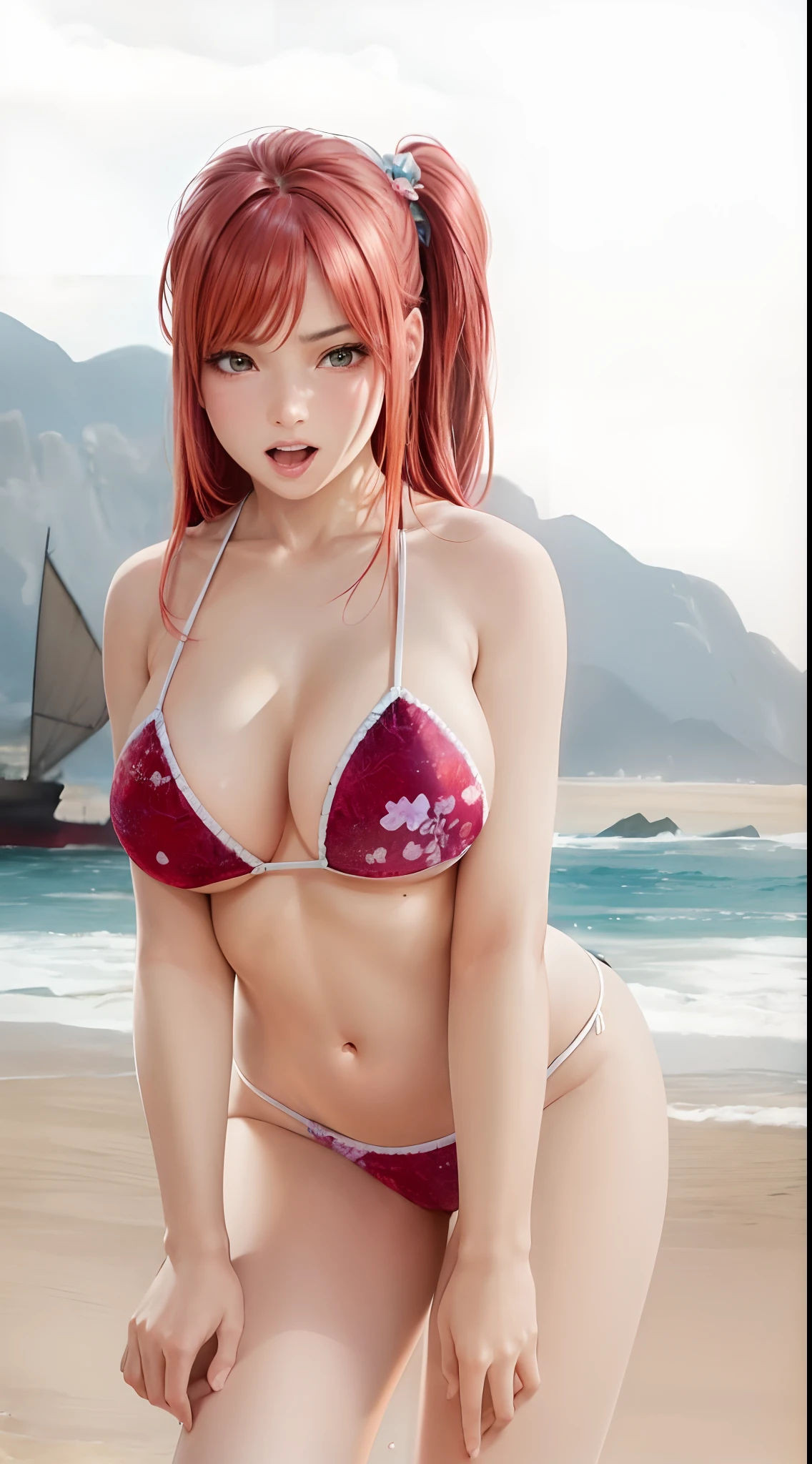 close up shot of a woman in bikini on the beach, realistic bikini, seductive girl, photorealistic render of girl, alluring beautiful woman, girl in real life, erza red as a real person, realistic, girl, photorealistic perfect body, giant boobs, 8k, oily body, open mouth