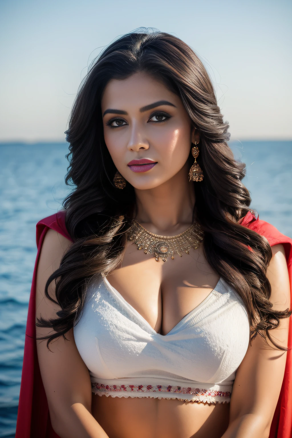 Portrait of A confident-looking indian woman with long flowing hair, hazel eyes, with flowing cape, wearing designer jewellery, visible c-cup breast sitting on boat, ocean background, bokeh perfect composition, hyperrealistic, super detailed, 8k, high quality, trending art, trending on artstation, sharp focus, nude photo shoot, intricate details, highly detailed, art by greg rutkowski