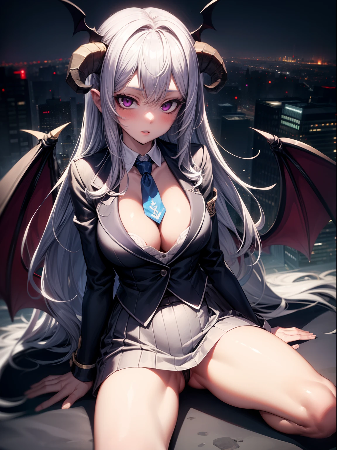 1girl,solo focus,goat horns,purple eyes,cleavage sclera,silver hairs, long hair, blue skin, bat wings, waist wings, tuxedo,city,necktie