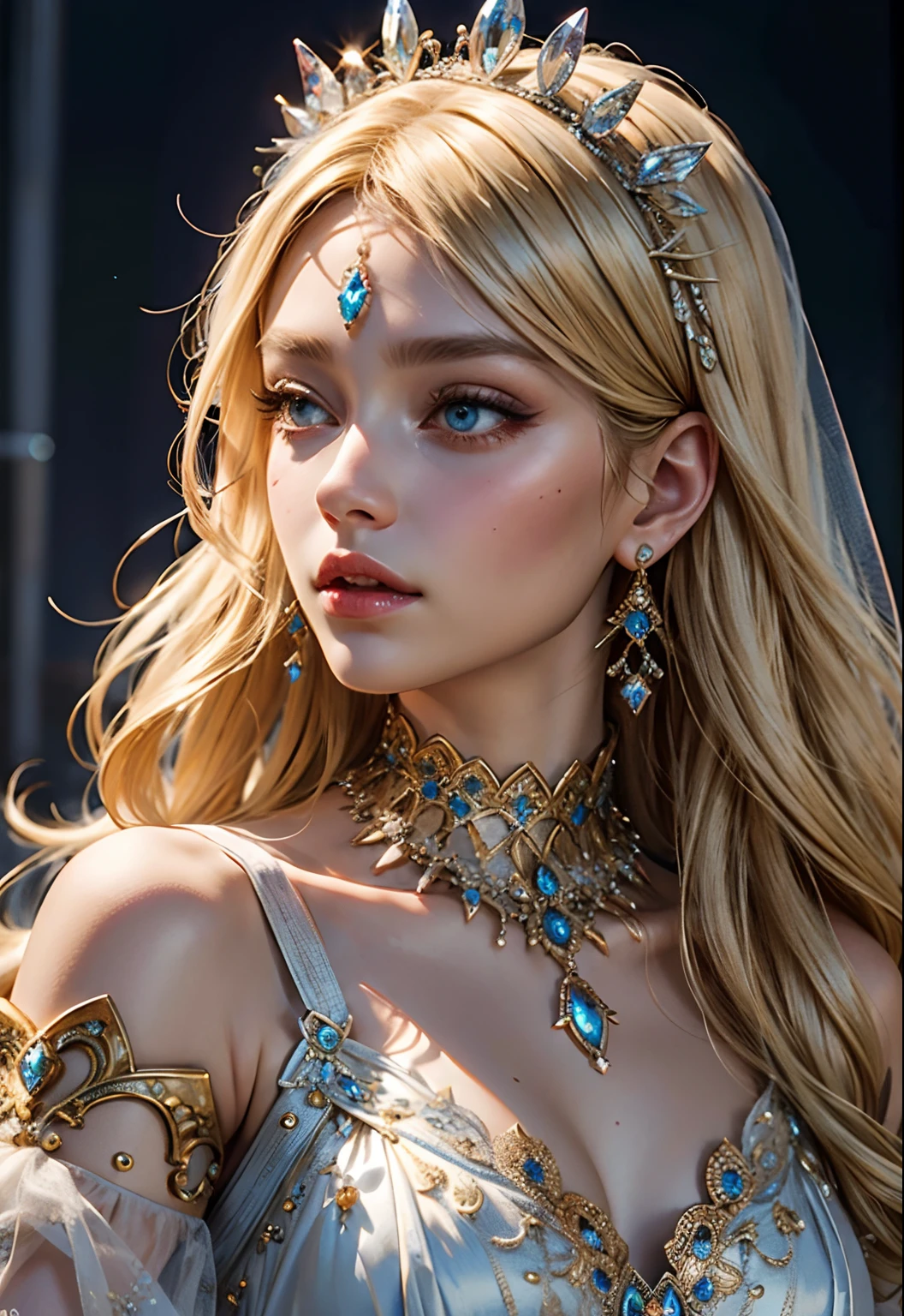 European Princess blonde hair jewlery super detailed face hyper realistic centerpiece brilliant crystal eyes hyper realistic super detailed full outfit Islamic covers the whole body