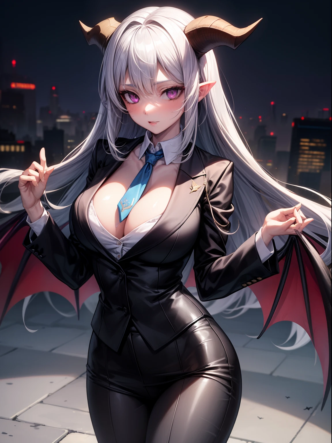 1girl,solo focus,goat horns,purple eyes,cleavage sclera,silver hairs, long hair, blue skin, bat wings, waist wings, tuxedo,city,necktie