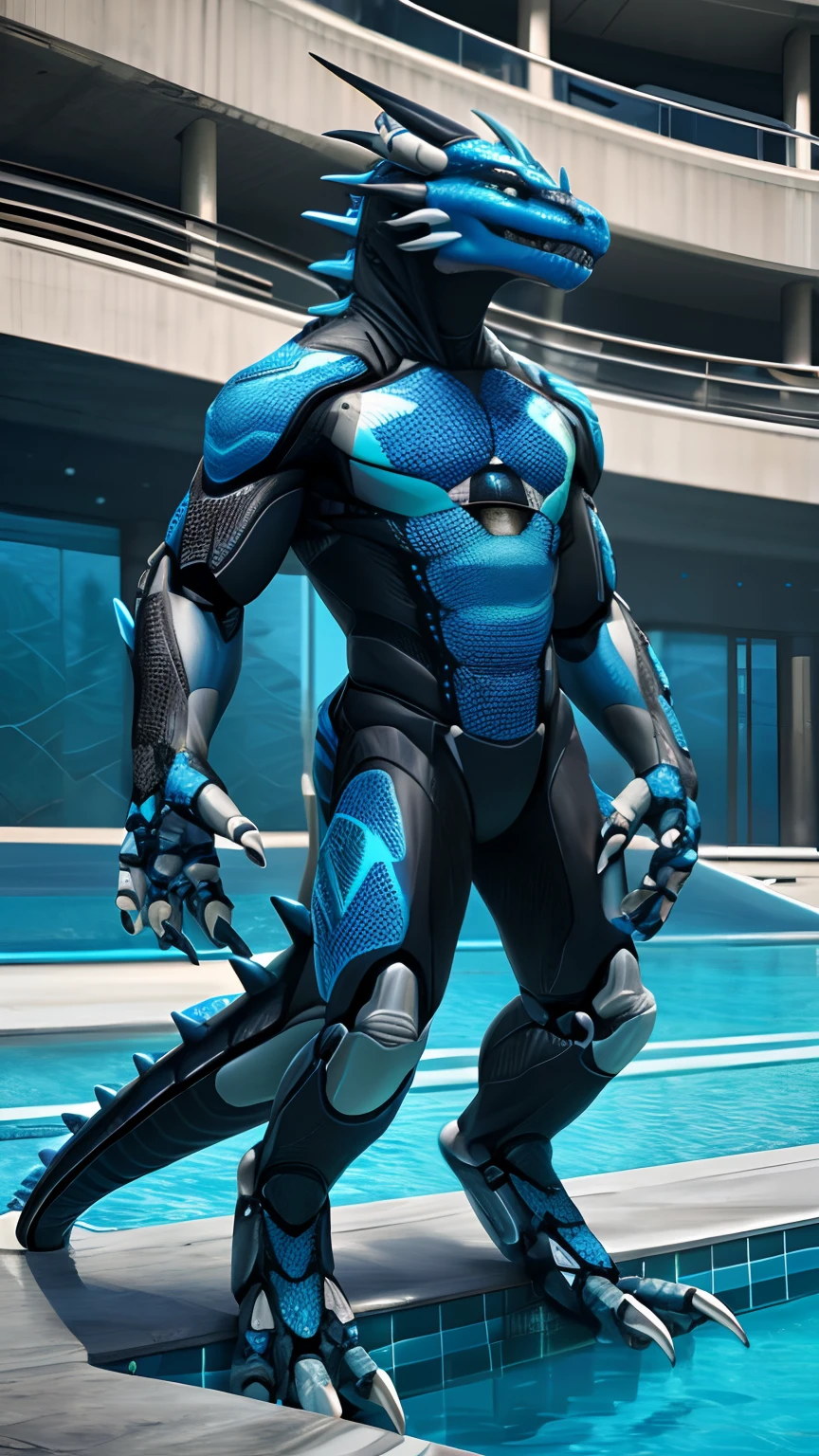Bionic robot dragon,male,Android,nakeness,stands in a pool of water,HD graphics,Detailed and realistic,high detal,high qulity,photo-realistic,photorealistic eye,Detailed paws,Clear eyes,Masterpiece artwork,Five-fingered hands