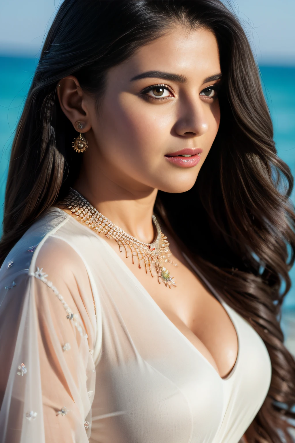 Portrait of A confident-looking indian woman with long flowing hair, hazel eyes, with flowing silk cape and white silk saree, wearing designer jewellery, c-cup breast sitting on boat, ocean background, rain, bokeh, perfect composition, hyperrealistic, super detailed, 8k, high quality, trending art, trending on artstation, sharp focus, outdoor photo shoot, intricate details, highly detailed, art by greg rutkowski