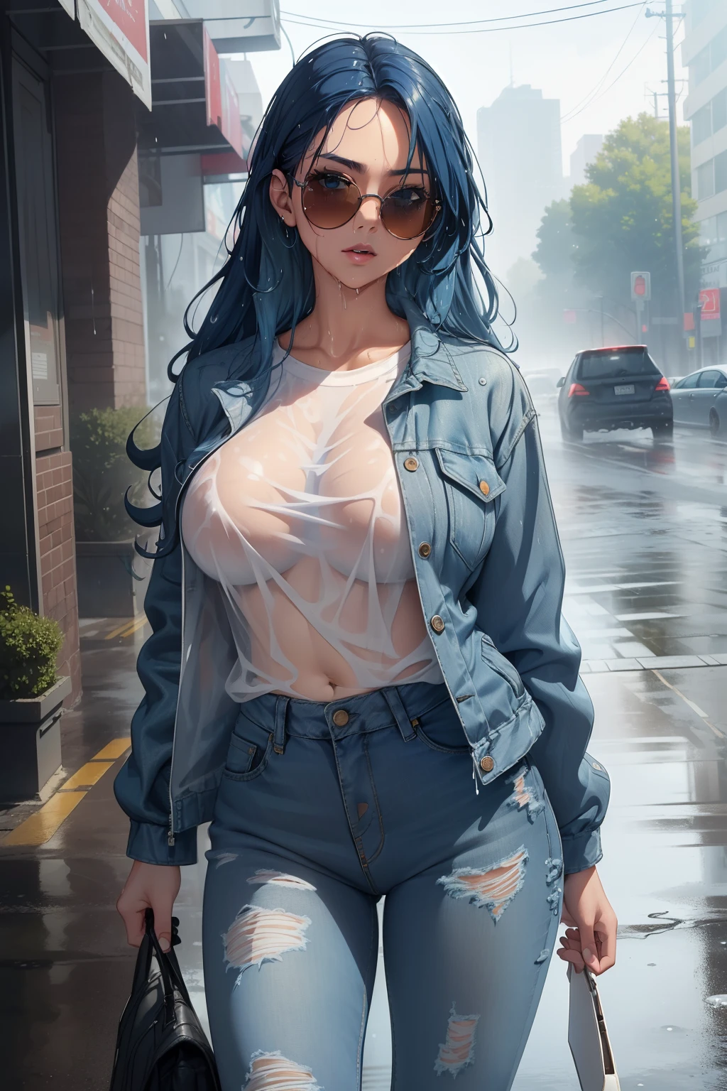 (masterpiece, best quality, 4k, photorealistic, cinematic, ultra-detailed), wide shot, front view, perfect anatomy, curvaceous body, perfect eyes, perfect hands, large chest, long round legs, 1 girl, ((wet skin)), ((wet blue hair)), ((wet relaxed denim jacket)), ((wet graphic T-shirt)), ((see-through breasts)), ((wet distressed boyfriend jeans)), ((wet white sneakers)), ((wet crossbody bag)), ((wet oversized sunglasses in her head)), ((wet blue hair in loose waves)), ((raining in the background, wet pavement, rain drops))