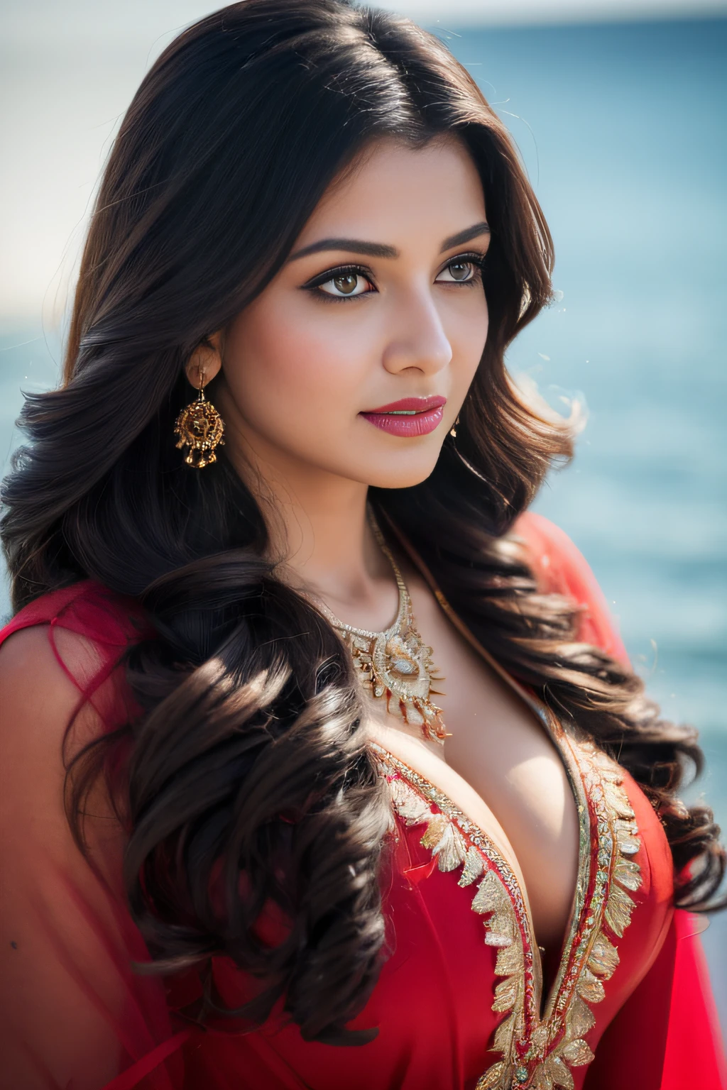 Portrait of A confident-looking indian woman with long flowing hair, hazel eyes, with colourful flowing silk cape, wearing designer jewellery, visible c-cup breast sitting on boat, ocean background, bokeh perfect composition, hyperrealistic, super detailed, 8k, high quality, trending art, trending on artstation, sharp focus, photo shoot, intricate details, highly detailed, art by greg rutkowski