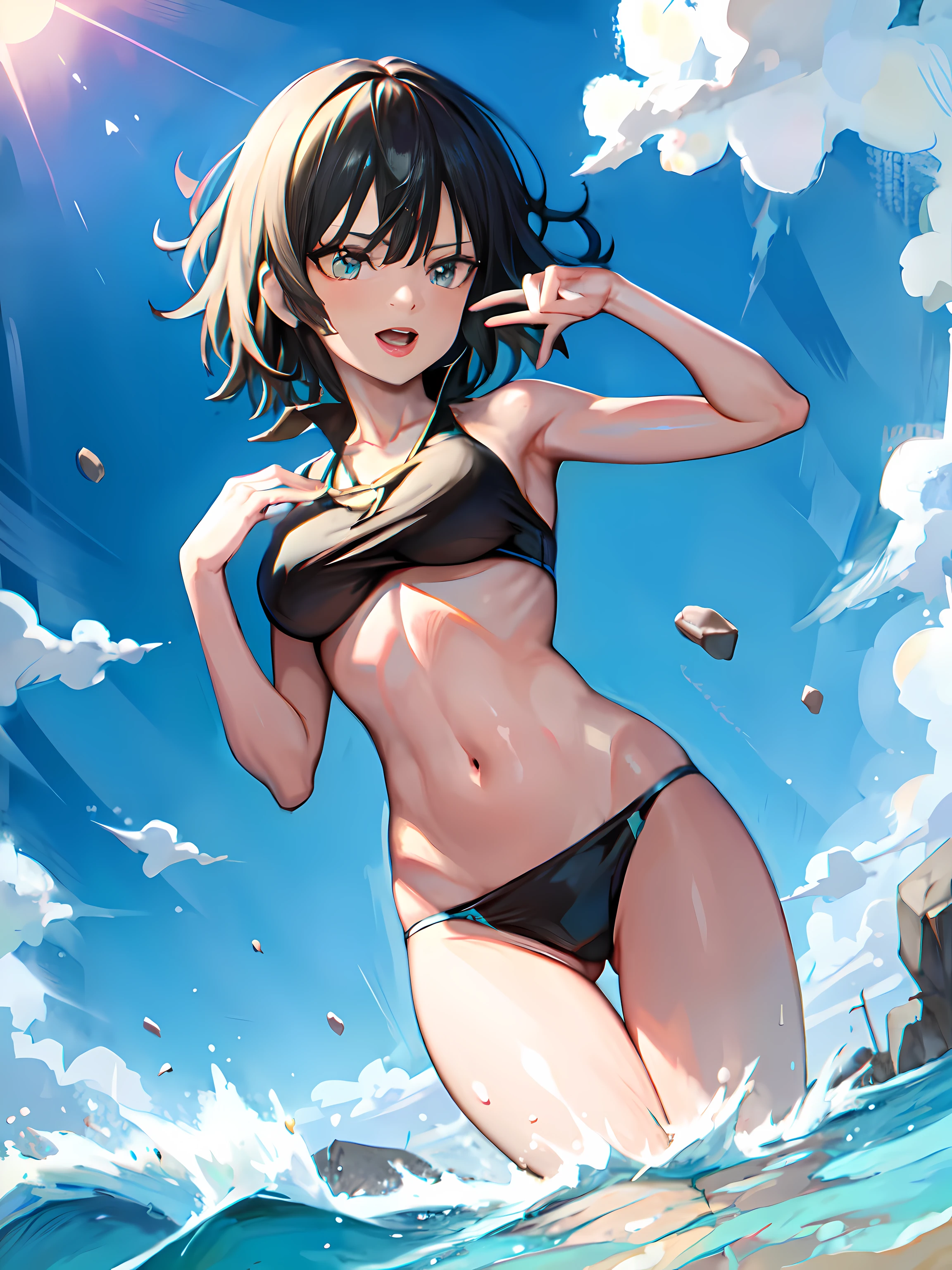 "Fubuki wearing a radiant bikini on a sunny beach, with glistening and glowing skin."