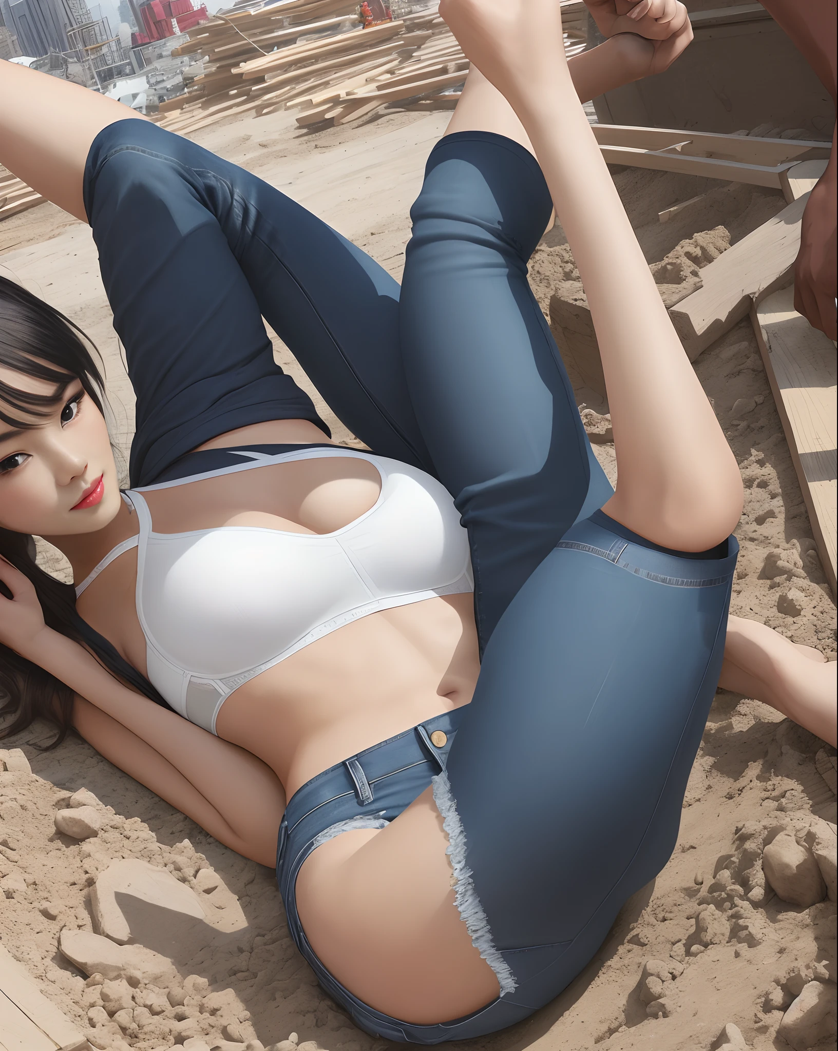 Girl in white bra and tight denim skirt posing for photo, full body, legs spread, with cut T-shirt, bra, slim body, smaller bust, slim girl model, 24-year-old female model, lying on the construction site, a group of black men onlooking