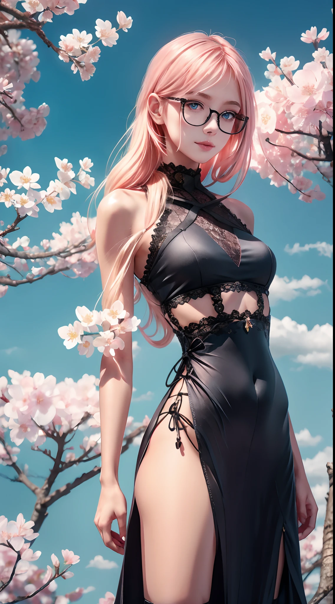 (Long blonde hair+Small pink flowers:1.3+Big red and blue eyes+Heterochromia+gold-wire glasses:1.2+Intellectual beauty:1.1),under a sakura tree,Sideslit,lace legwear