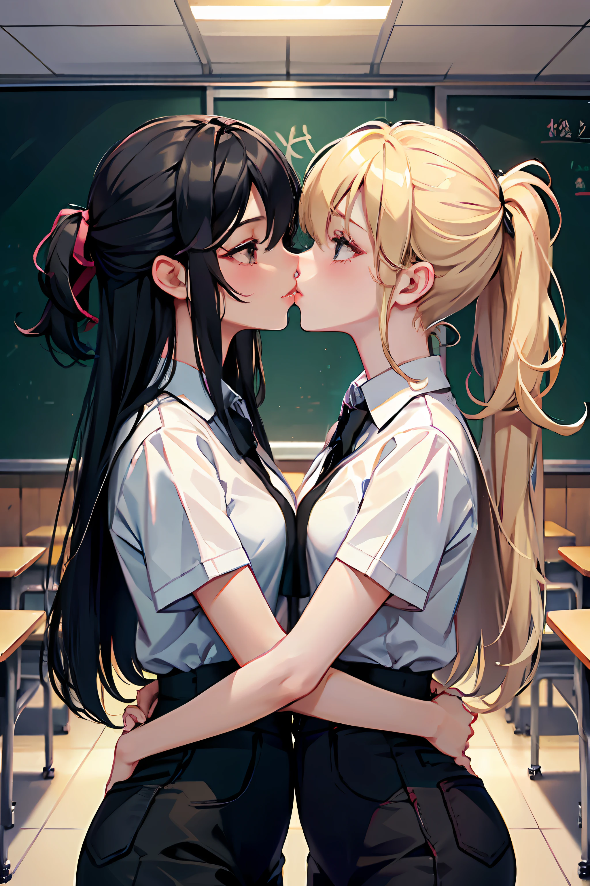 Two girls,Same stature,One black hair and one blonde,Hold each other,The two bodies are close together,Kiss,in class room