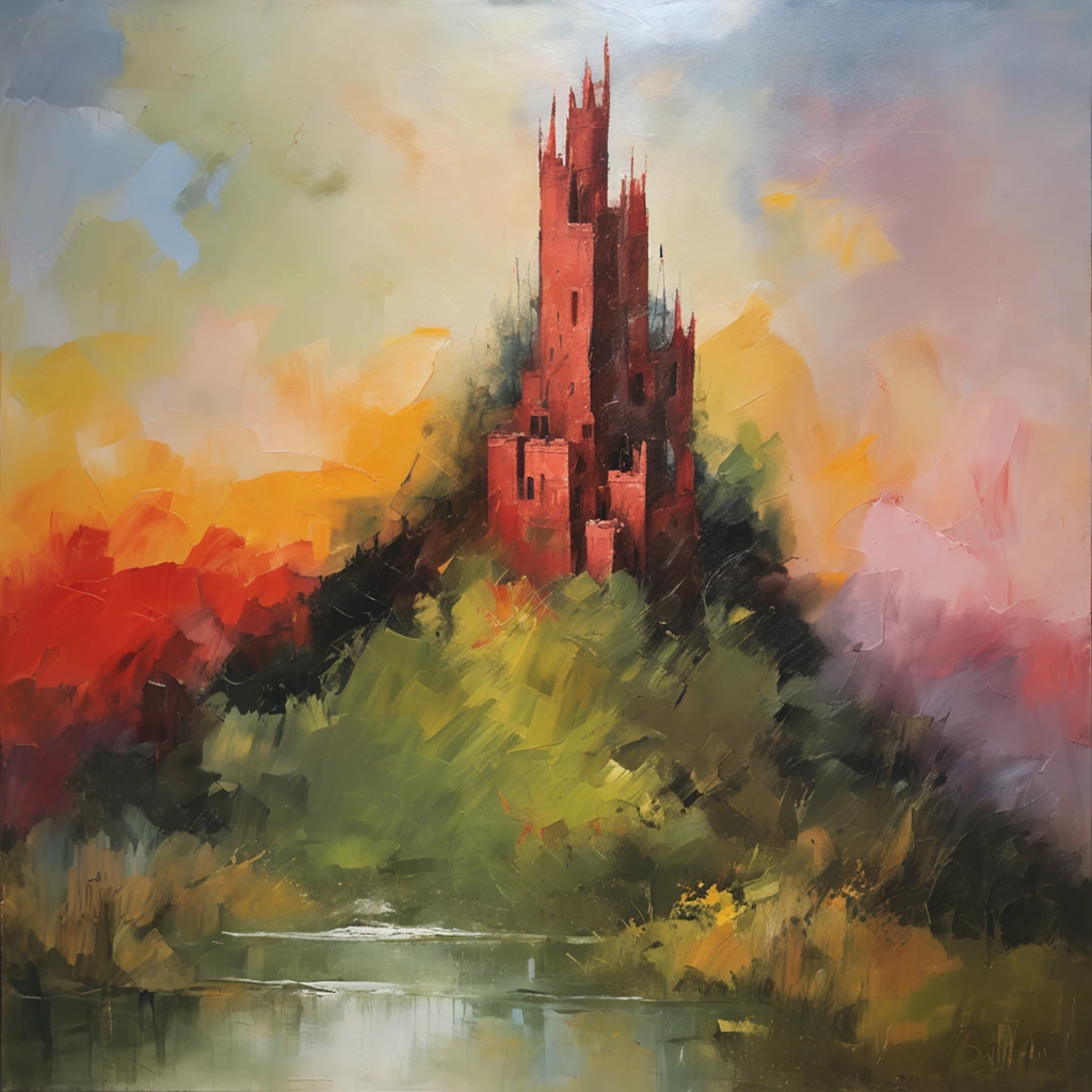 A huge Gothic red brick castle on a high hill in a coniferous forest, Hilly terrain, Large cloudiness, Fog in the lowlands, jour, In Dalik you can see a high mountain.
