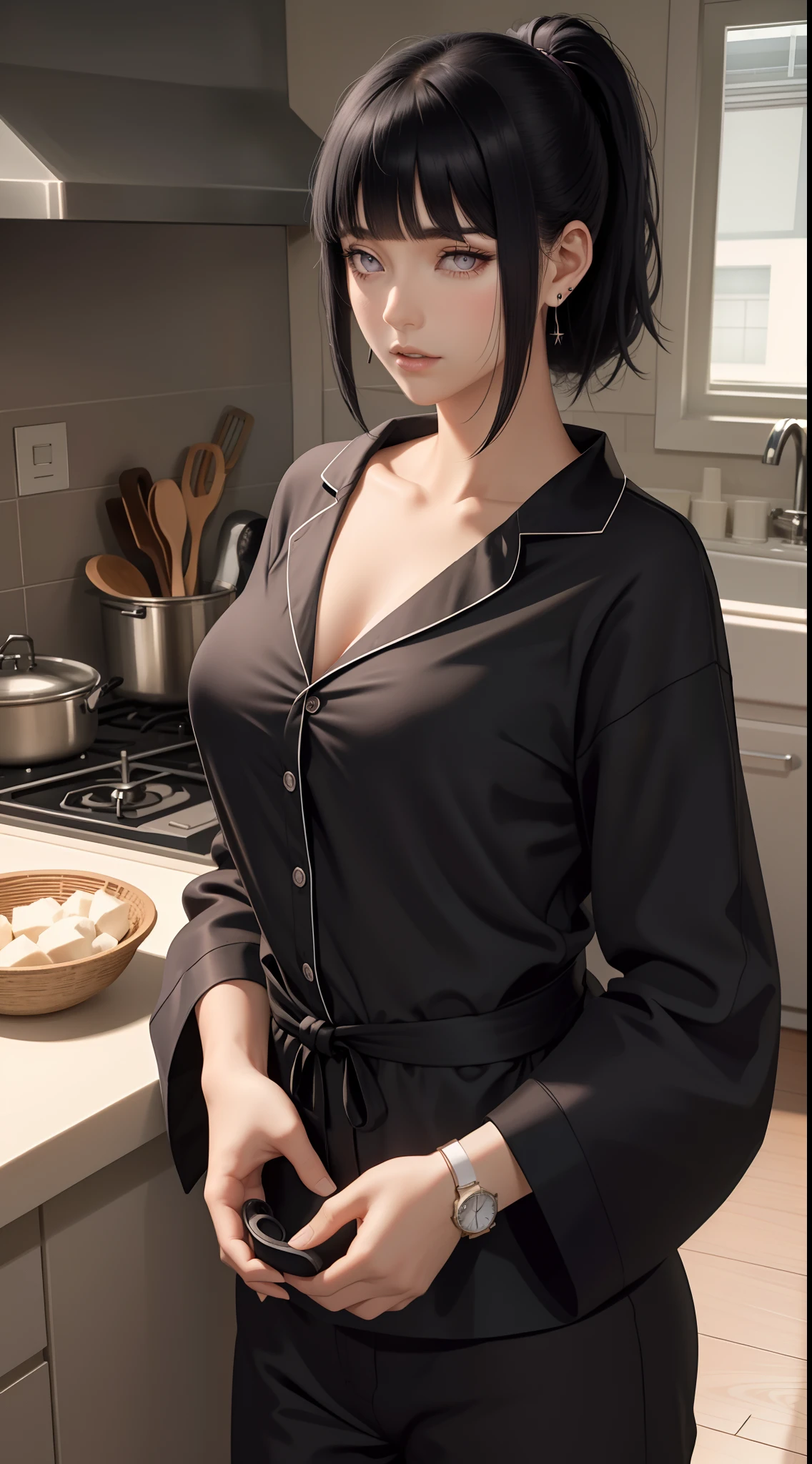 1 girl, small nose, very beautiful detailed face and eyes, bright colors, cute face, delicate beautiful face, Bright magenta eyes, cute eyes, sparkling eyes, Big eyes, (big breasts:1.3), (perky chest:1.1), (pointed chest:1.0), (cake magazine cover:1.3),highest quality, WorKs of masters, High resolution,BlacK color hair,shiny hair, side ponytail,hair between eyes,bangs, (black jacket, real clothes, cleavage, black skirts, black thighhighs, thigh strap, fingerless gloves, single glove:1.2) , spread legs, panties shot, medium hips, glamorous body, white skin, smile, thin pubric hair, super beautiful face, Super beautiful eyes, Super beautiful hair,trendy outfit,sexy and attractive,full body esbian, Real World, Natural light,perfect Natural light,(with sparkling eyes and a contagious smile), This masterpiece is not only visually stunning but also tells, make of cake cooking , in the kitchen, open mouth, looking at viewer,