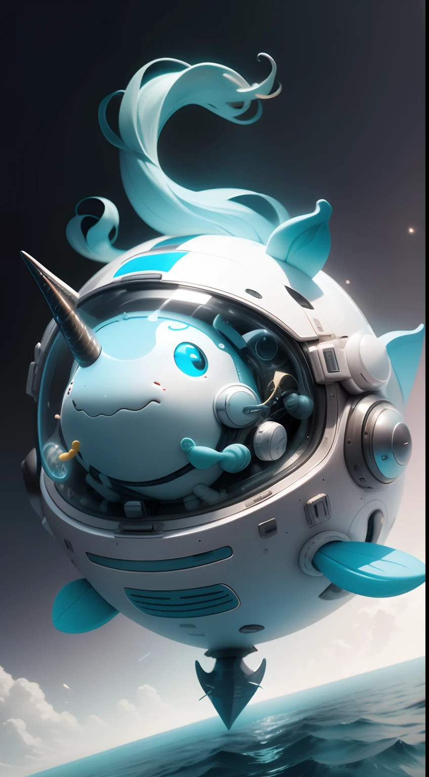 Narwhal floating in space wearing a helmet