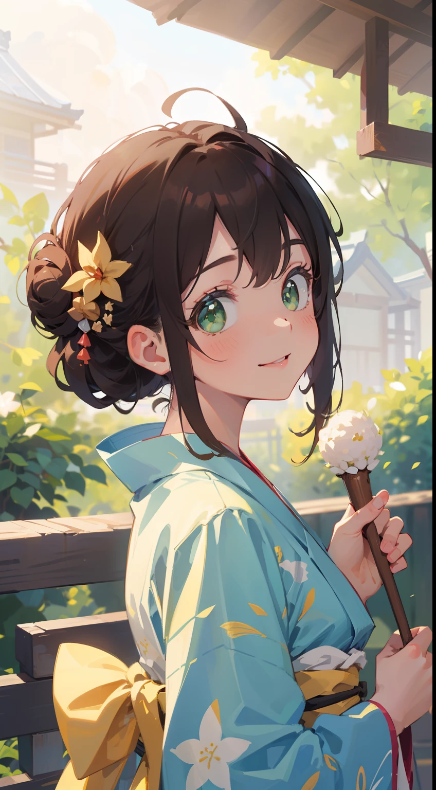 (masterpiece), (best quality), ultra high res, sharp focus, warm pastel tone, ((1 woman, solo)), upper body, dutch shot, beautiful detailed hair, chestnut brown hair, traditional bun hairstyle, beautiful detailed face, ((beautiful shape eyes, green eyes)), perfect feminine face, colorful yukata, comfortable face, look at the viewer, smiles, in the japanese backyard