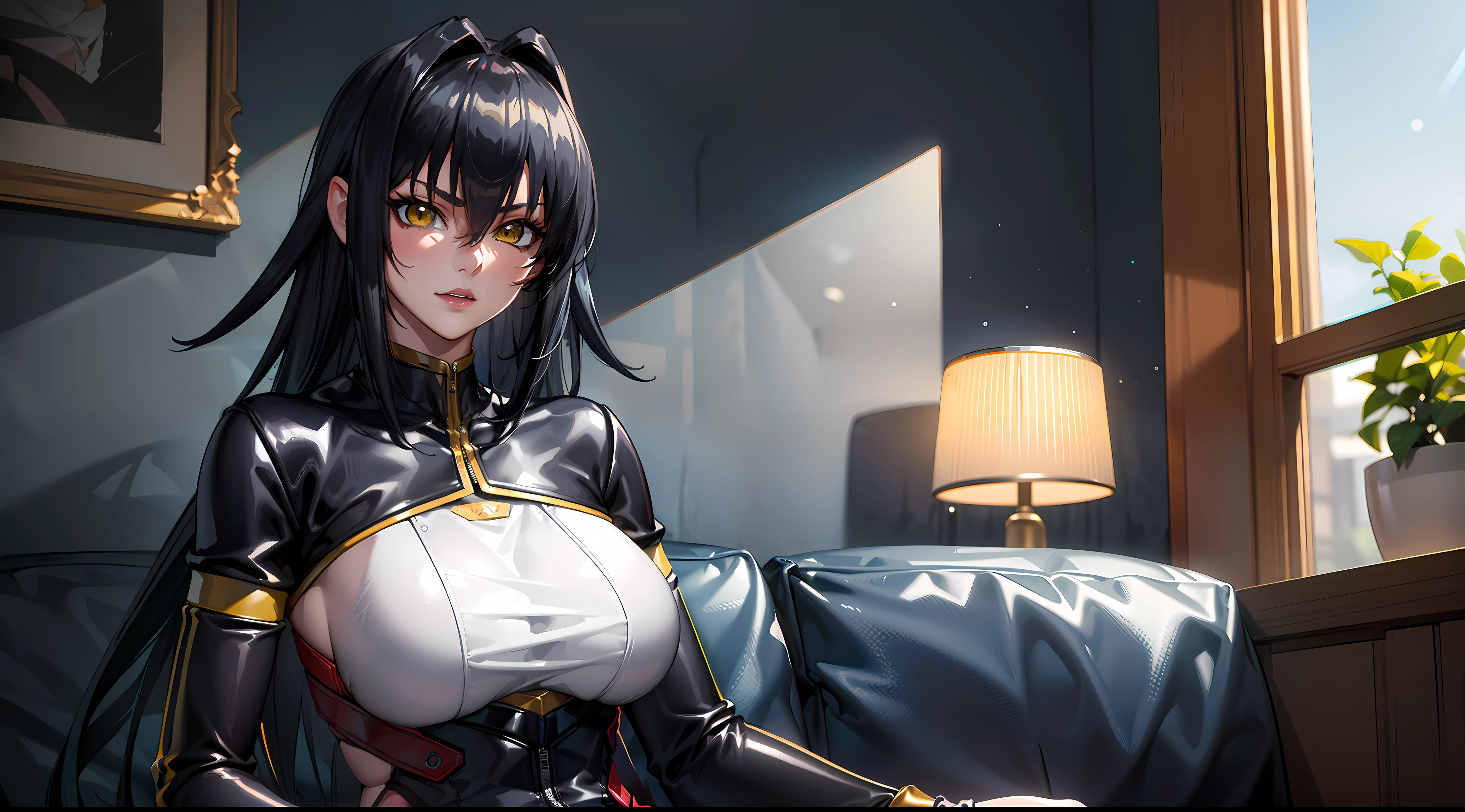 professional artwork, Intricate Details, field of view, sharp focus, detailed painting, photorealistic lighting, trending on pixiv, Standing at attention, black hair,very long hair, Bangs,yellow eyes,makeup, lipstick, 20yo,mature female,Beautiful Finger,Beautiful long legs,Beautiful body,Beautiful Nose,Beautiful character design, perfect eyes, perfect face, looking at viewer, NSFW,official art,extremely detailed CG unity 8k wallpaper, perfect lighting,Colorful, Bright_Front_face_Lighting, (masterpiece:1.0),(best_quality:1.0), ultra high res,4K,ultra-detailed, photography, 8K, HDR, highres, absurdres:1.2, Kodak portra 400, film grain, blurry background, bokeh:1.2, lens flare, (vibrant_color:1.2) (Beautiful,large_Breasts:1.4), (beautiful_face:1.5),(narrow_waist), (solo:1.4), add_detail:1, (((landscape dimension)))