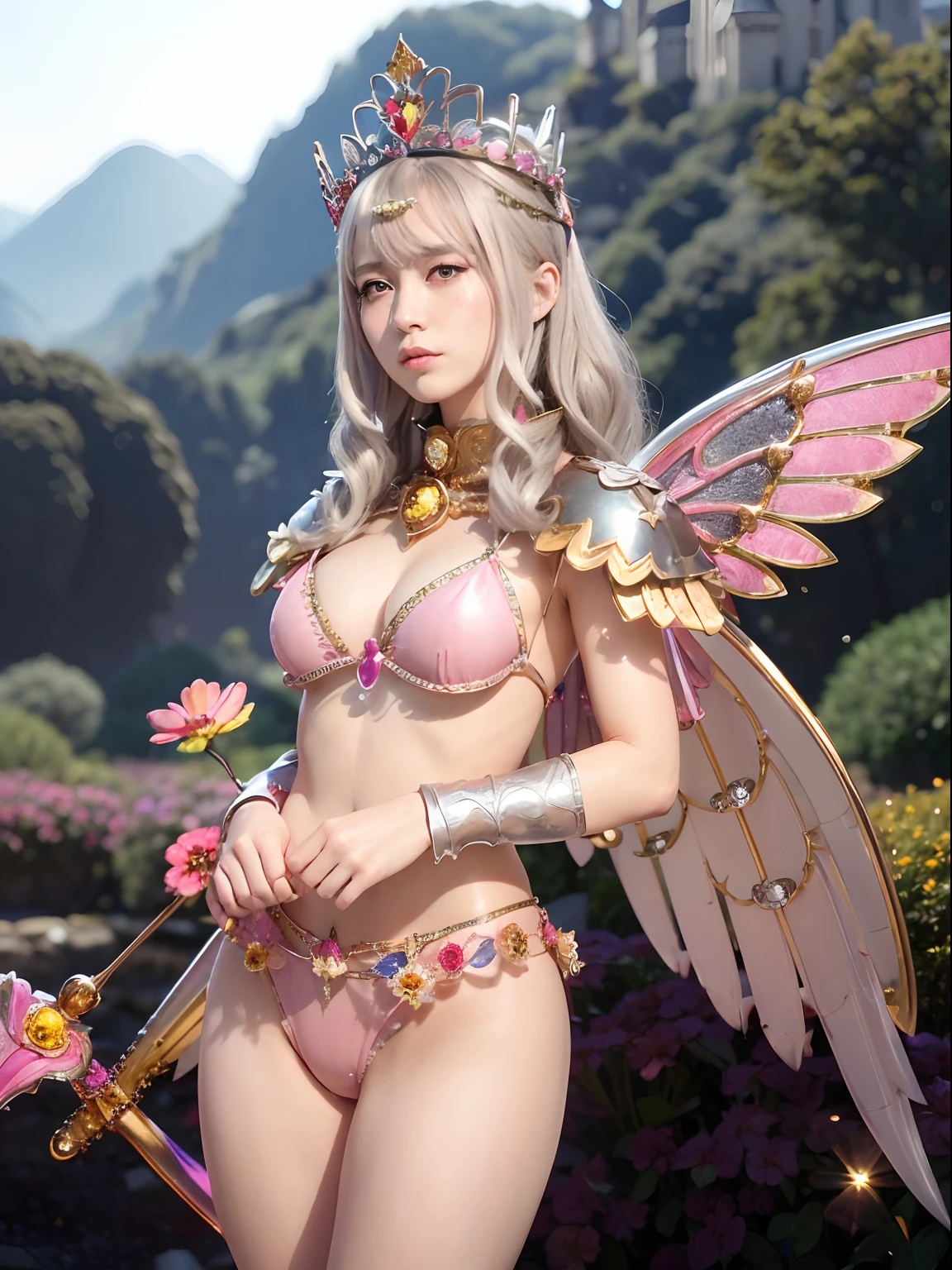(masutepiece), Professional , ​masterpiece、top-quality、photos realistic , depth of fields （Gemstone Flower Metal Body:1.4),(Matte Silver Pink、Jewel Gold Weapon、（Gorgeous castle background）、（ultimate beauty girl）、（Flower rainbow fairy wings grow）、（Jewel Flower Metal Body:1.９),Gorgeous Jewel Metal Weapons , Detailed Sword of the Brave ,（ a blond）   ,warhammer 40k ,(（Floral Micro Bikini）)、Particles of light、（Beautiful flower garden background）、 adepta sororitas,Detail and ornate jewel crown、独奏、Brown hair、（Gangle's forest background）、Beautiful Caucasian beauty、１a person、dynamic ungle,(((Diamond tiara with detail and luxury)))、a small face、Powerful poses、（Gorgeous castle background）、huge filesize、20 year old beautiful woman、Thin female fingers、Straight long hair、Beautiful Caucasian beauty、Valley、Fairy of Light、Particles of light、