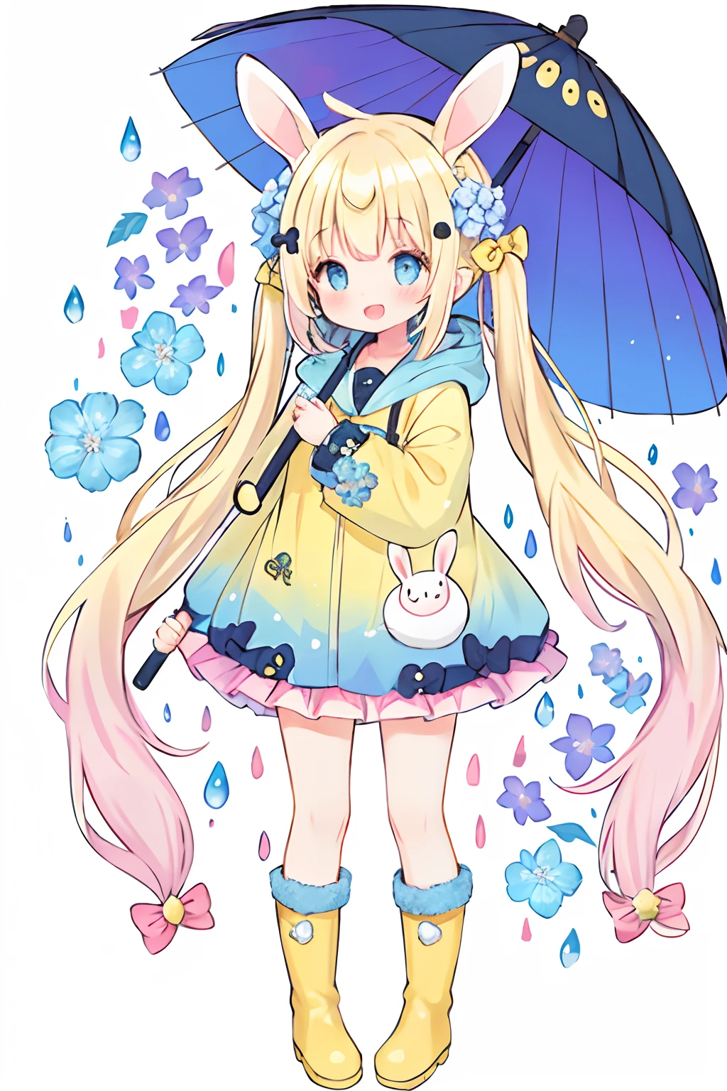 1girl,rainbow,raincoat,yellow raincoat,rubber boots,hydrangea,flower,long hair,twintails,boots,blush,umbrella,open mouth,hair ornament,white background,hood,solo,teruterubouzu,very long hair,hood up,long sleeves,low twintails,bow,bangs,smile,animal hood,blue eyes,rabbit,closed umbrella,puddle,full body,:d,snail,yellow footwear,simple background,pink flower,standing,leaf umbrella,holding umbrella,food-themed hair ornament,hair bow,animal ears,holding,blonde hair,hair flower,rain,animal,