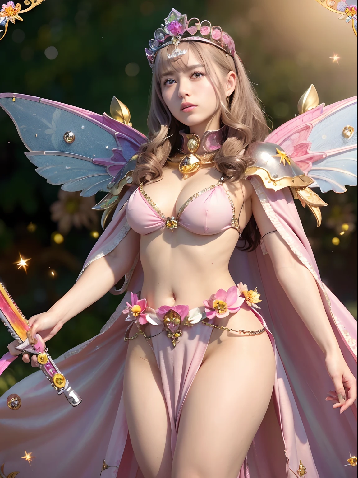 (masutepiece), Professional , masterpiece、top-quality、photos realistic , depth of fields (Gemstone Flower Metal Body:1.4),(Matte Silver Pink、Jewel Gold Weapon、(Gorgeous castle background)、(ultimate beauty girl)、(Flower rainbow fairy wings grow)、(Jewel Flower Metal Body:1.9),Gorgeous Jewel Metal Weapons , Detailed Sword of the Brave ,( a blond) ,warhammer 40k ,((Floral Micro Bikini))、Particles of light、(Beautiful flower garden background)、 adepta sororitas,Detail and ornate jewel crown、独奏、Brown hair、(Gangle's forest background)、Beautiful Caucasian beauty、1a person、dynamic ungle,(((Diamond tiara with detail and luxury)))、a small face、Powerful poses、(Gorgeous castle background)、huge filesize、20 year old beautiful woman、Thin female fingers、Straight long hair、Beautiful Caucasian beauty、Valley、Fairy of Light、Particles of light、