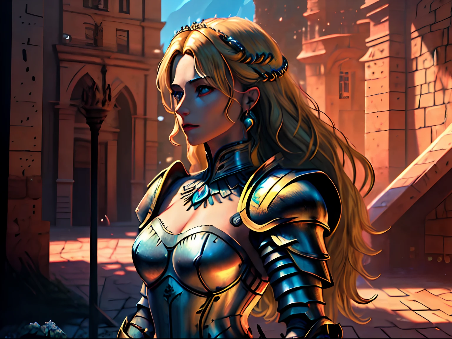 arafed, high details, best quality, 8k, [ultra detailed], masterpiece, best quality, (extremely detailed), dynamic angle, ultra wide shot, RAW, photorealistic, a wide angle picture of a wedding between a knight and her prince in medieval castle, a female human knight, pic beautiful human woman (best details, Masterpiece, best quality), ultra detailed face (best details, Masterpiece, best quality), blond hair, long hair, wavy hair, green eyes, wearing heavy armor, metallic armor, armor shines BREAK, and a human male prince, beautiful human man (best details, Masterpiece, best quality), ultra detailed face (best details, Masterpiece, best quality), black hair, short hair, blue eyes, wearing, medieval style clothes, noble clothes, fantasy castle background, Ultra-Wide Angle, high detail, award winning, best quality, HD, 16K, 3D rendering, high details, best quality, highres, ultra wide angle, 3D rendering, [[anatomically correct]]