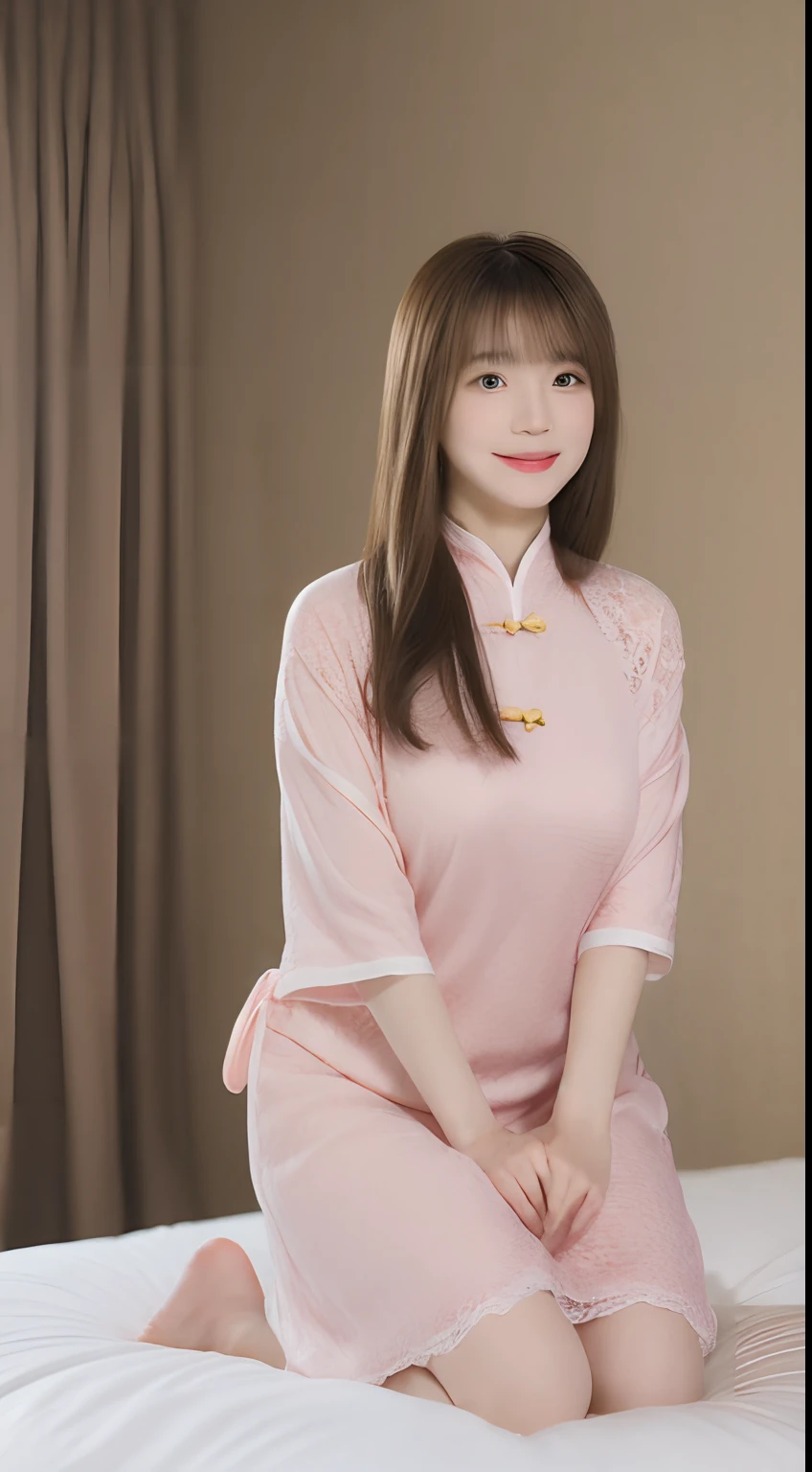 ((Best picture quality, 8K, tmasterpiece:1.3)), 1girll, Beautiful woman with slender abs:1.3, (Casual hairstyle, No leakage of big breasts:1.2), shift dresses:1.1, Ultra-fine face, A detailed eye, 二重まぶた,ssmile,Home,long whitr hair, brunette color hair, By bangs, Chinese style clothes, on cheongsam, Lace, Ribbons, Bumpy figure, Barefoot, full bodyesbian, kneeling on a bed