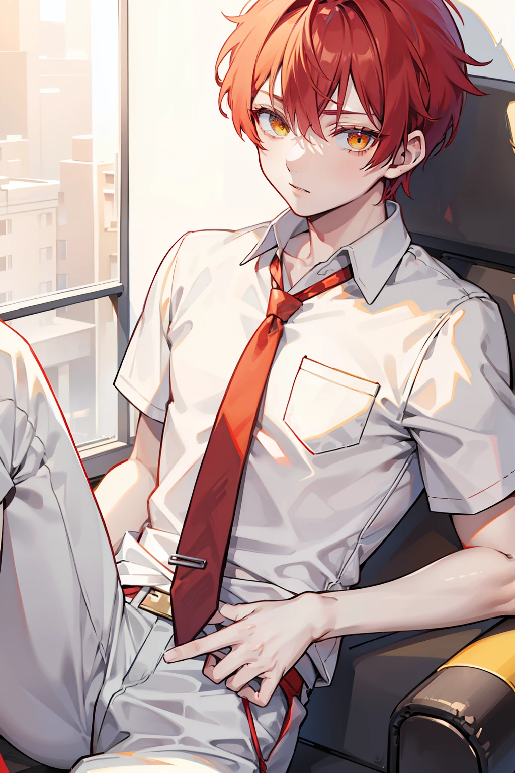 twinks male people Red short hair White pants gray shirt red necktie Hmm. yellow eyes