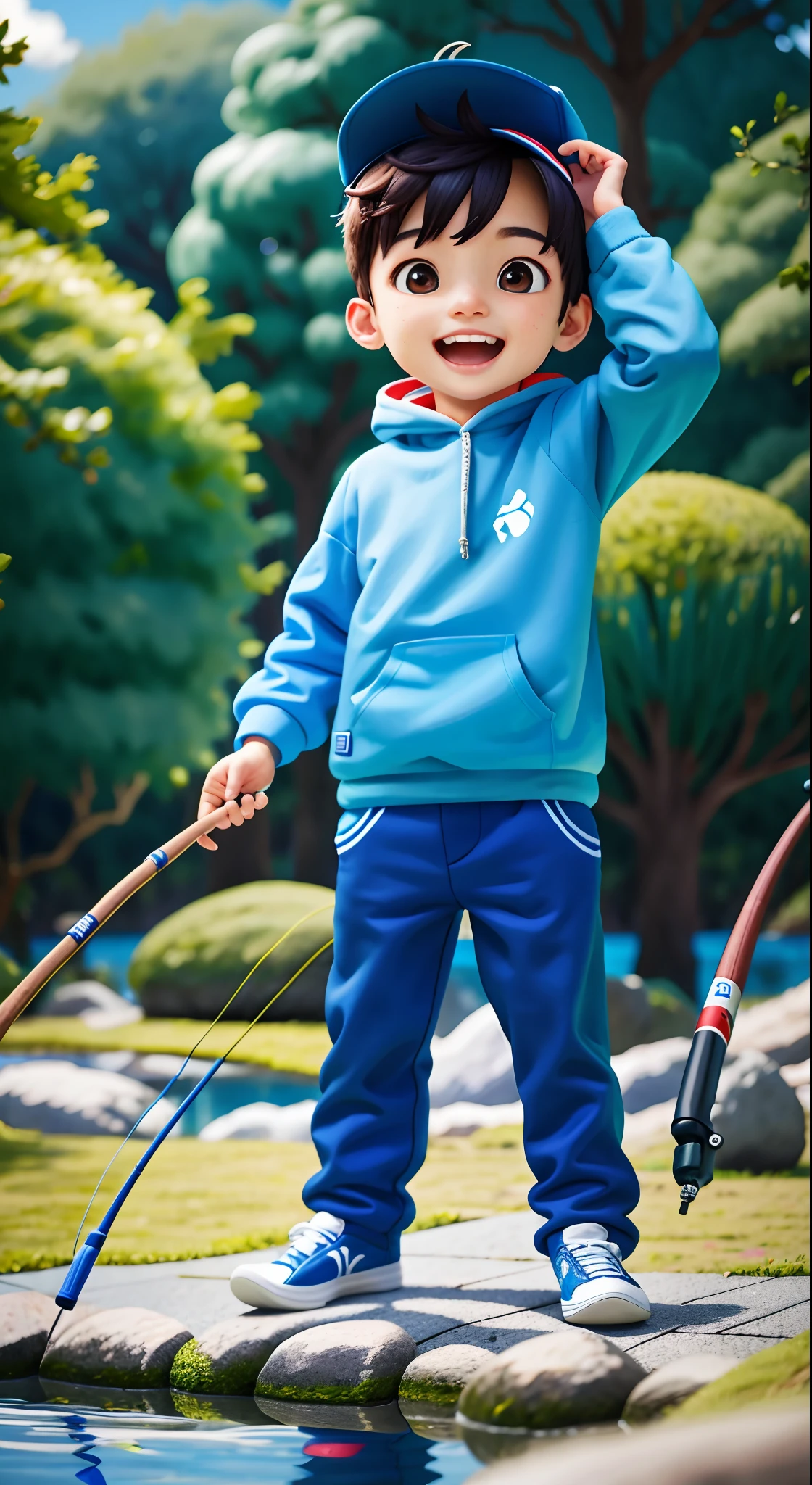 Whole body out of the country,A sitting boy,Wearing a blue sweatshirt,Black pantsuit,blue cap,white shoe,Fishing,Fishing rod in hand,astonishment,cheerfulness,Rejoice,Perfect quality,Clear focus(Clutter - home:0.8), (tmasterpiece:1.2) (realisticlying:1.2) (Bokeh) (best qualtiy) (detailedskin:1.3) (complexdetails) (8K) (detailedeyes) (Sharp focus),(having fun)