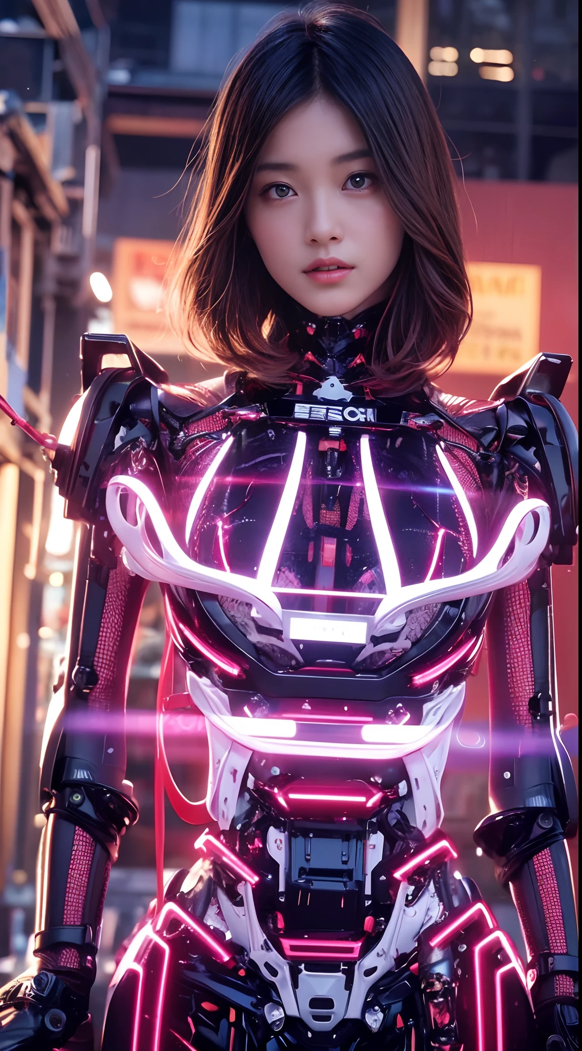 Highest quality, masterpiece, shape, (Realistic, photo-Realistic:1.37), wonderful, In detail, Unbelievably absurd, Large file size, Very detailed, High resolution, Very detailed CG Unity 8k wallpaper, Very detailed目と顔, Ray Tracing, Browsing Caution, NUDE, One Girl, Korean cyborg girl is pure and young々Has a cunning look. She is posing boldly with her arms raised above her head, Revealing her voluptuous shape. She is wearing a small black mech armor top that barely covers her breasts.., Exposing most of her flawless skin. Armor detailing has been added to the shoulders and head.、There are some brilliant highlights, Tech Panels and Mechanisms. She stands against a futuristic cityscape lit up with vibrant neon lights..、Standing full of energy。.