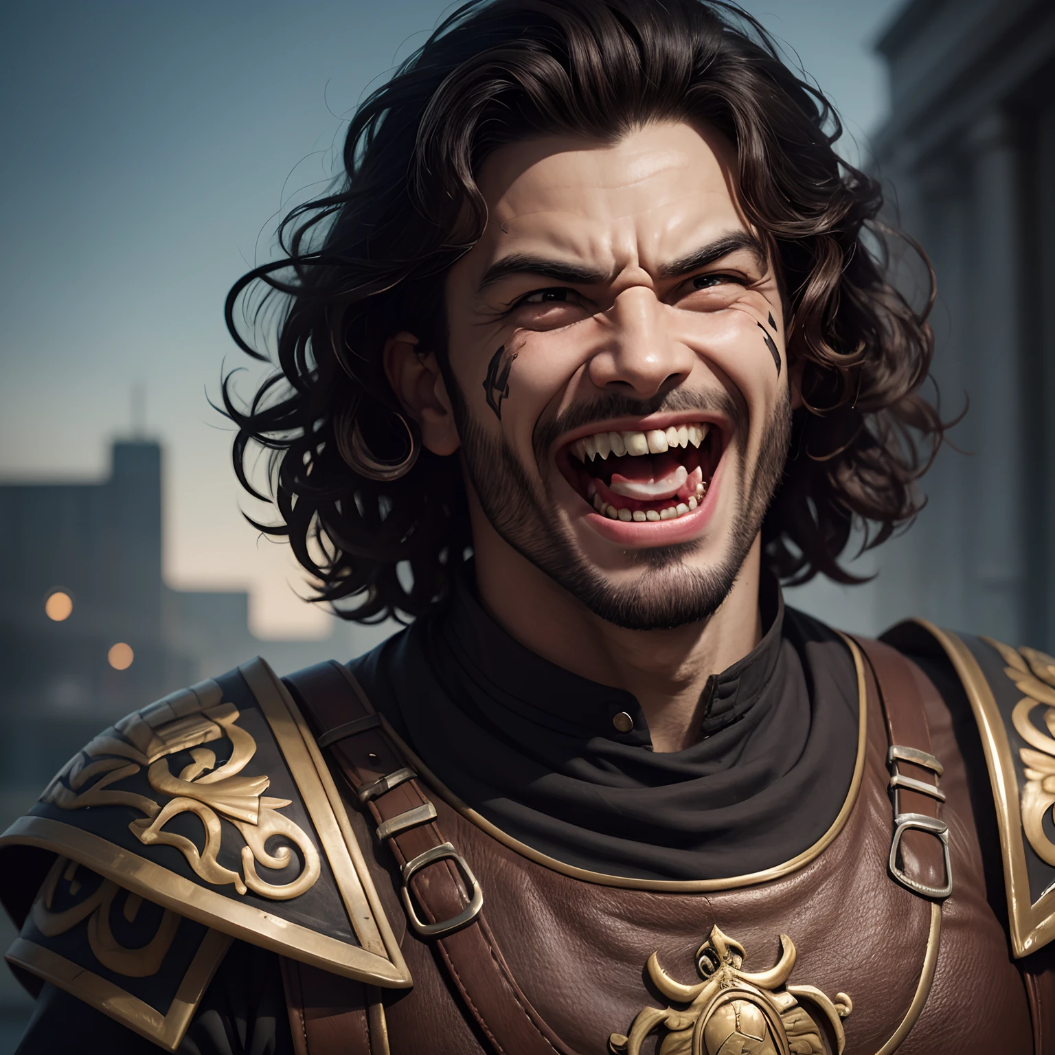 Roman soldier with dark brown curly hair. evil snarl on his face. laughing maniacally.