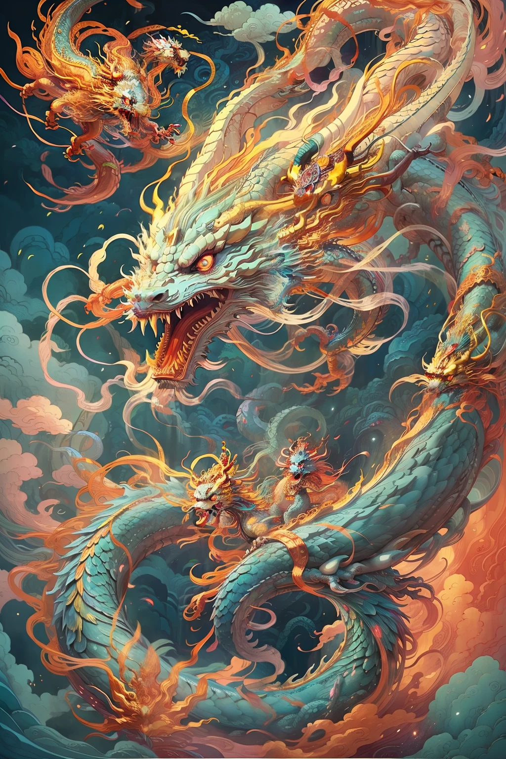 chinesedragon，Blue mane, Detailed dragon claws，jen bartel, mythological creatures, inspired by James Jean,flight， ethereal fox, psychedelic illustrations, colorful flat surreal ethereal, james jean style, an illustration of inspired by Victo Ngai, A beautiful artwork illustration, author：Caroline Chariot-Dayez, intricate digital painting, victo ngai and tristan eaton