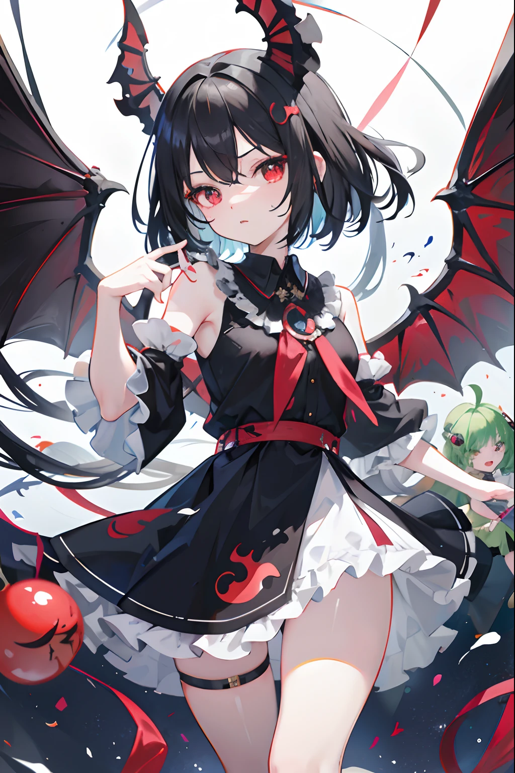 vtuber，Black color hair，Idol girl，Monsters are anthropomorphic，Four small white wings，Heterochromic pupils，Maniac，Shower skirt，Anime girl with wings and red oriental style bubble skirt holding green caterpillar,touhou character，small curvaceous ，，Exaggerated double pill head，Exaggerated expressions，Naughty，Very long sideburns，1girll，Slightly fat