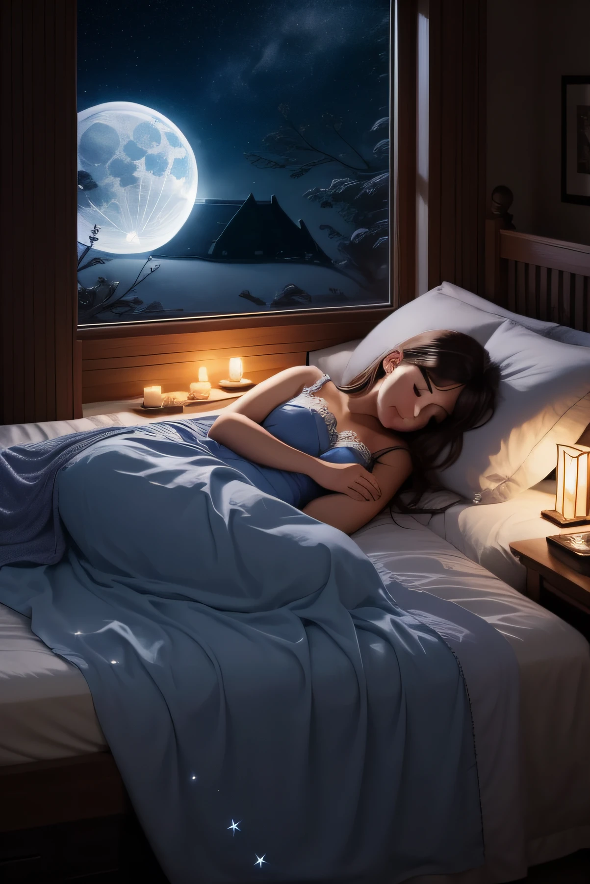 lady sleeping, peaceful slumber, cozy bed, window with moonlight and stars