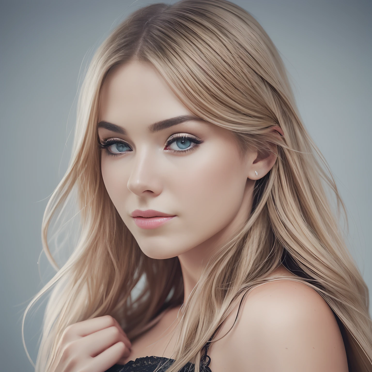 RAW, (A stunning portrait) of (a 28-year-old woman), beautiful with striking features. long blonde hair, captivating look and seductive expression. The background should be neutral and simple, masterpiece that captures the essence and beauty of the woman, ((highly detailed skin)), sharp focus, volumetric mist, 8k UHD, DSLR, high quality, film grain, Fujifilm XT3.