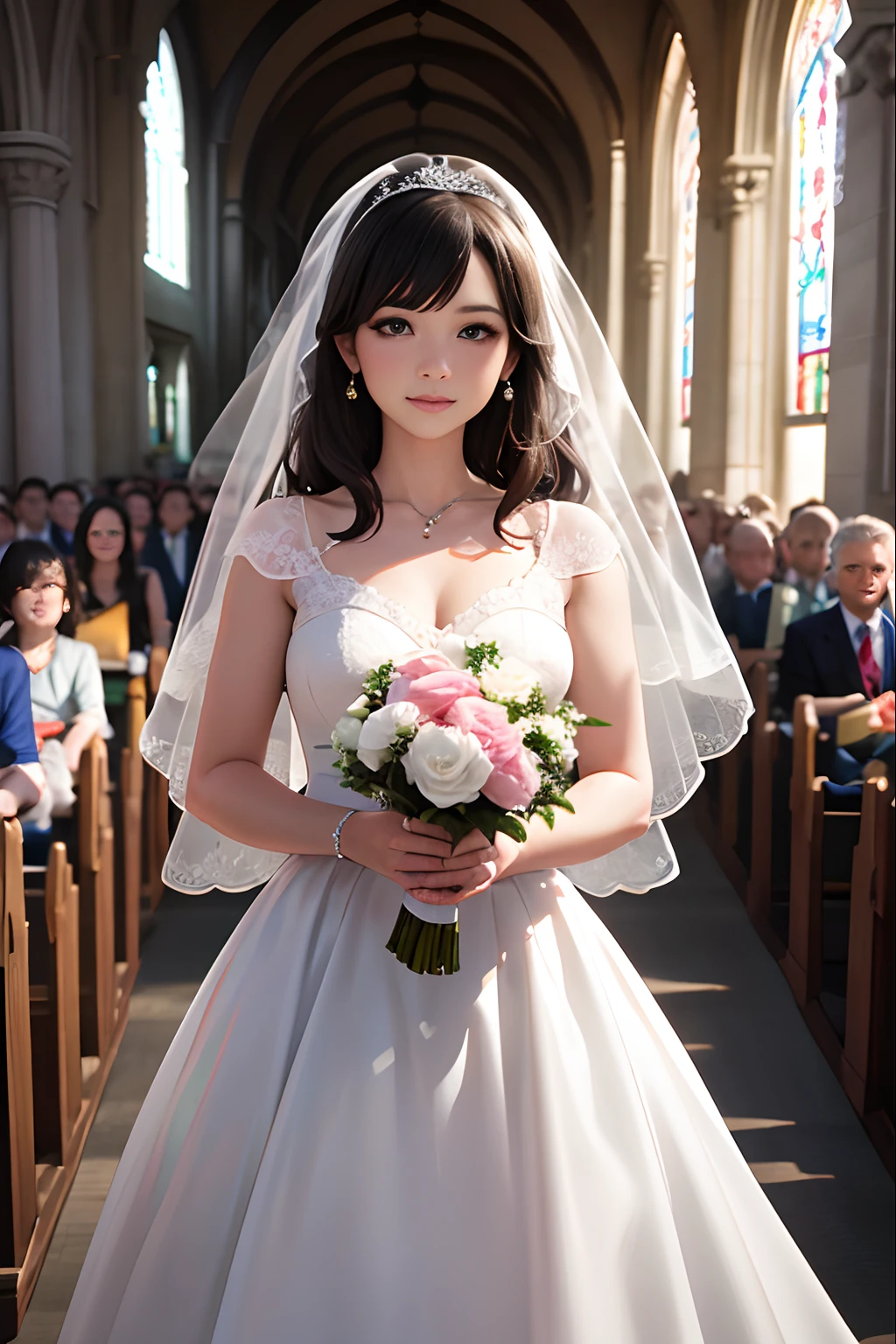 masterpiece, best quality, ultra-detailed, (photorealistic), an extremely delicate and beautiful, depth of field, film grain, professional lighting, Wedding, church, attendees, overhead view, Wedding, church, attendees, flower shower, overhead view