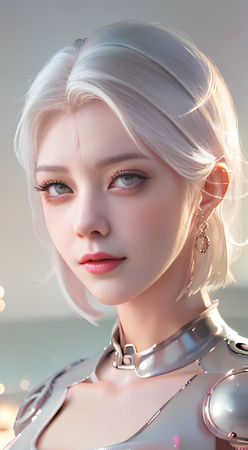 A woman in a pink dress and white hair with short straight hair, 3 D rendering character art 8 K, cyborg - girl with silver hair, beautiful female android!, beautiful female android, perfect android girl, beautiful android woman, smooth digital concept art, smooth 3d cg render,, sci - fi character, Beautiful robot character design,ssmile,largeeyes,The upper part of the body,cute delicate face, Extremely beautiful face, beautiful delicate face, Stunning anime face portrait, beautiful aesthetic face, Detailed beautiful face, girl cute-fine face, Realistic beautiful face, Beautiful realistic face, beautiful and realistic faces, girl with white eyes,Right shoulders,
