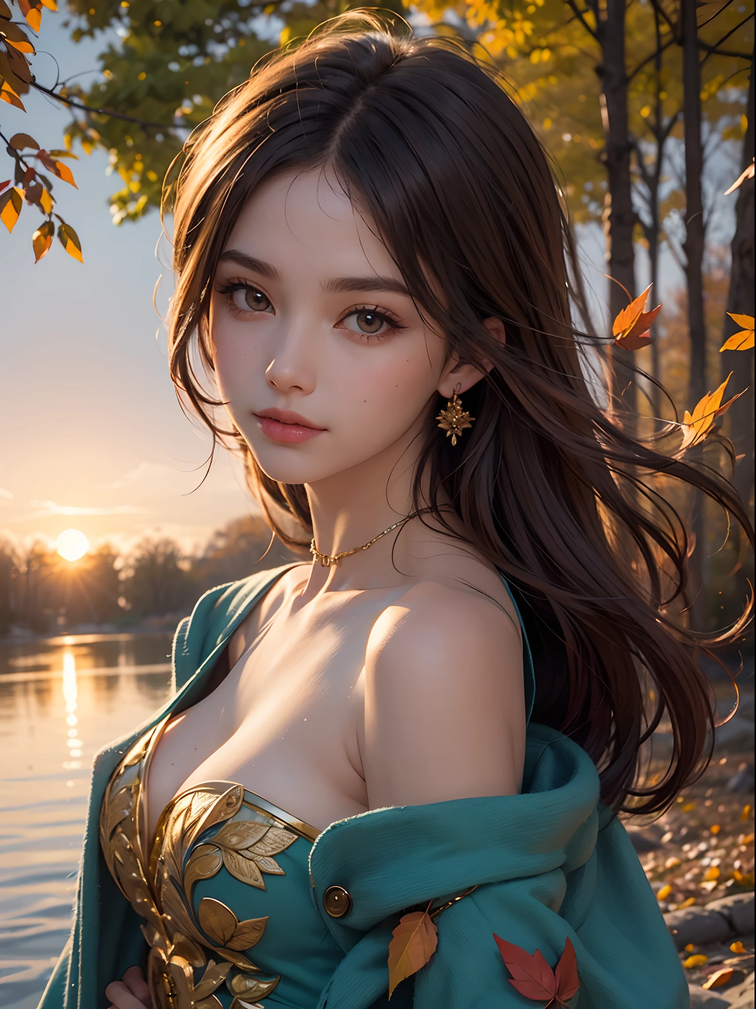 Unbeatable masterpiece, Ultra photo realsisim, Perfect artwork, Intricate details, Best quality, Strong light,High contrast, (Best quality , Masterpiece , ) , 1girll , Solo ,solofocus , (fine and beautiful detailed skin:1.1) , (Shiny skin:1.1) , (Oil highlights:1.1) , Brown hair , hair over shoulders , Brown eyes , Seductive smile with closed mouth , full face blush , back turned, back turned , Turning Head , looki at viewer , (Colorful Dresses:1.2) , Open robe ,opulent , chest jewel , forehead jewel ,Outdoors , Deep forest , Fallen leaves , Wind and sunset , Autumn leaves , River , Grass , Allen leaves on the water , colored splashing ,Surrounded by paint , battlefiled , Colorful .Multicolored , Lots of colors ,