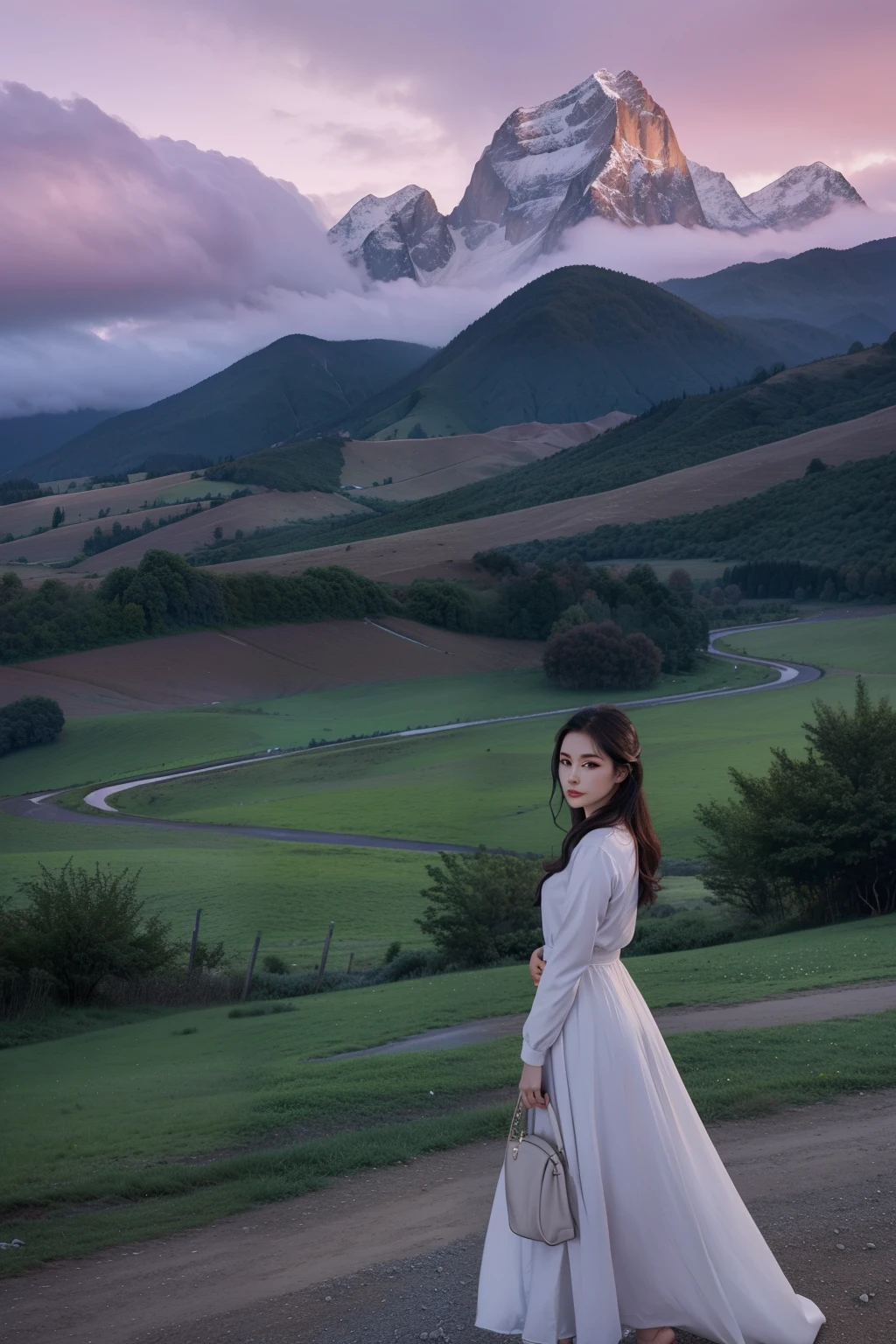 arafed woman standing on a hill with a cloudy sky, with mountains in the background, in mountains, hills in the background, very beautiful scenery, 🤬 🤮 💕 🎀, very very very beautiful scenery, with mountains in background, beautiful scenery, very very low quality picture, very very beautiful scenery, dang my linh, panoramic view of girl