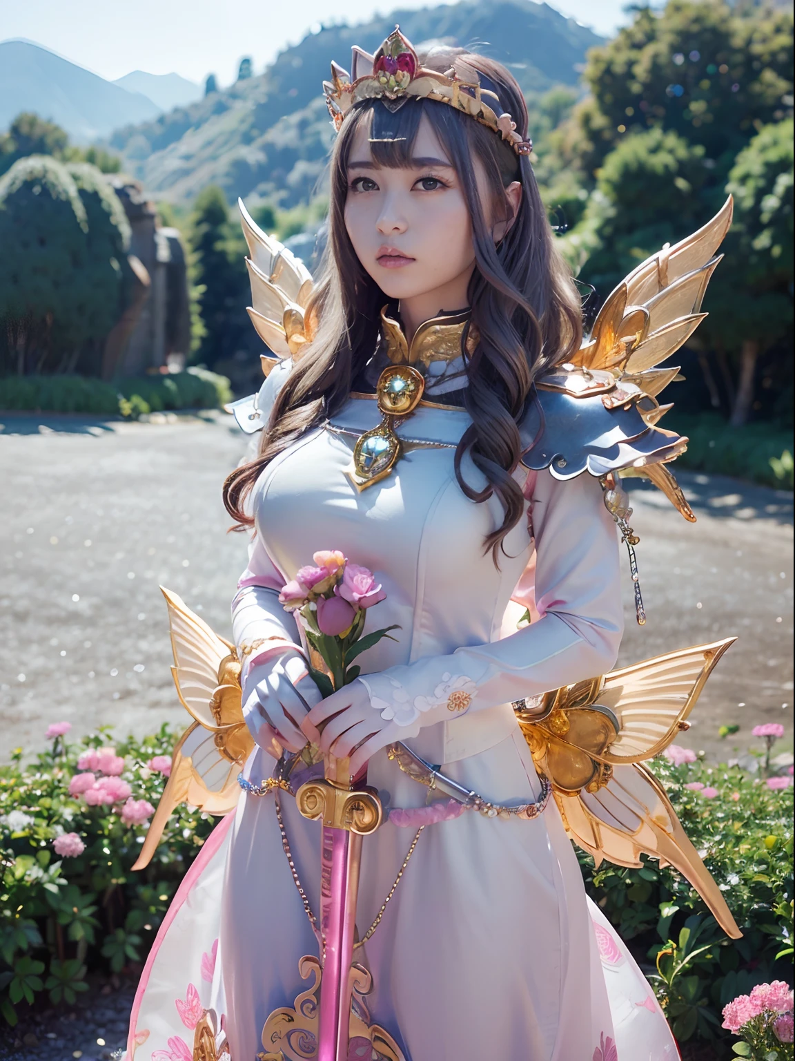 (masutepiece), Professional , ​masterpiece、top-quality、photos realistic , depth of fields （Gemstone Flower Metal Body:1.4),(Matte Silver Pink、Jewel Gold Weapon、（Gorgeous castle background）、（ultimate beauty girl）、（Flower rainbow fairy wings grow）、（Jewel Flower Metal Body:1.９),Gorgeous Jewel Metal Weapons , Detailed Sword of the Brave ,（ a blond）   ,warhammer 40k ,(（Floral Micro Bikini）)、Particles of light、（Beautiful flower garden background）、 adepta sororitas,Detail and ornate jewel crown、独奏、Brown hair、（Gangle's forest background）、Beautiful Caucasian beauty、１a person、dynamic ungle,(((Diamond tiara with detail and luxury)))、a small face、Powerful poses、（Gorgeous castle background）、huge filesize、20 year old beautiful woman、Thin female fingers、Straight long hair、Beautiful Caucasian beauty、Valley、Fairy of Light、Particles of light、