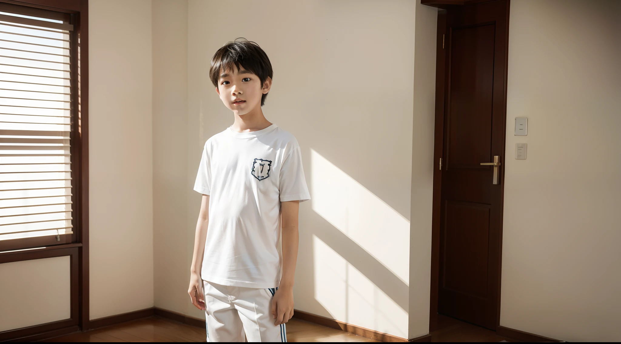 （k hd，4K）A boy with（an Quority，12year old），photorealestic，white short sleeve，short white pants，Asian face，Thin stature，inside a room，are standing