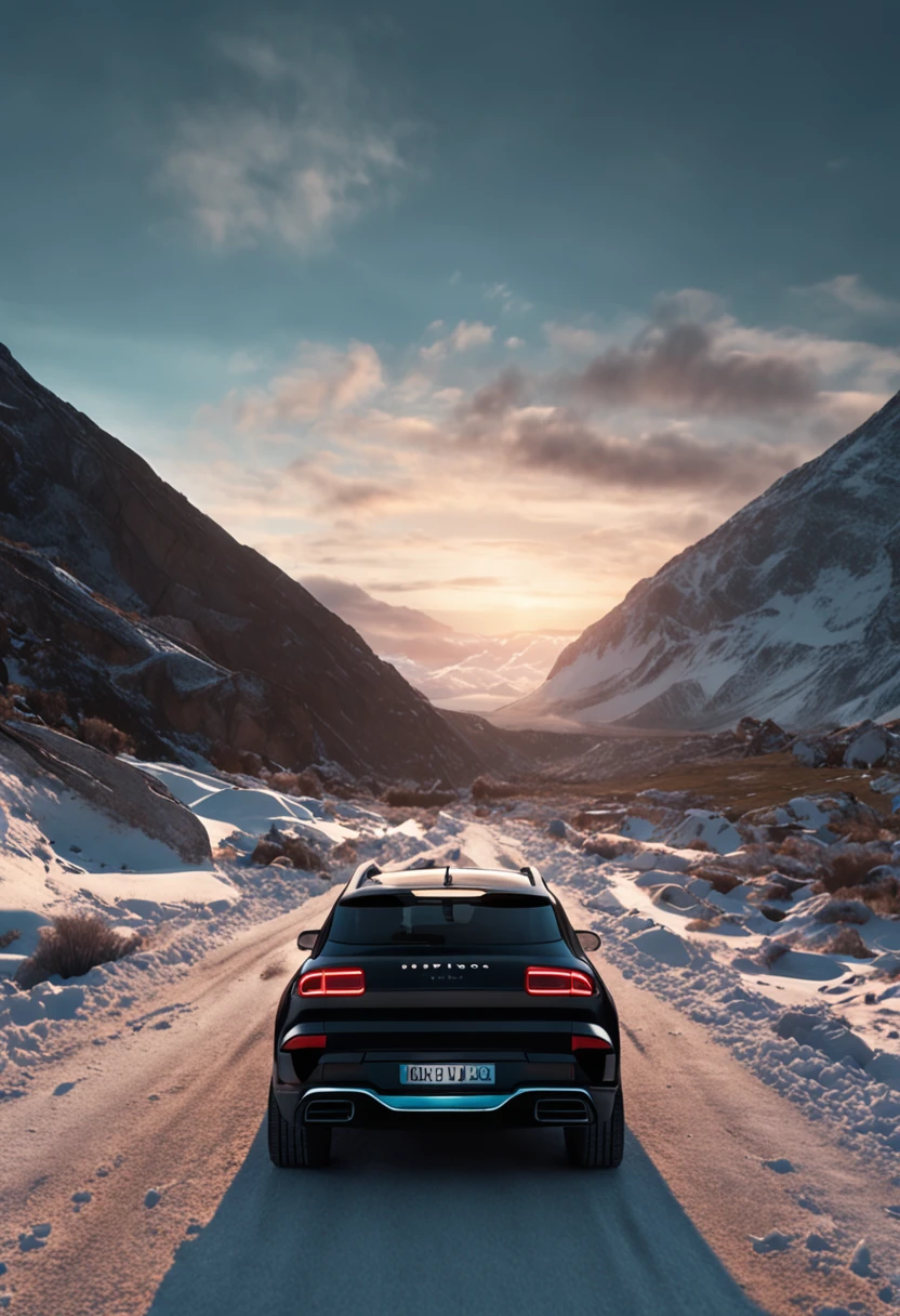 A black Lynk & Co 01 is parked on the side of the road,The sky is full of stars,Snow-capped mountains in the background