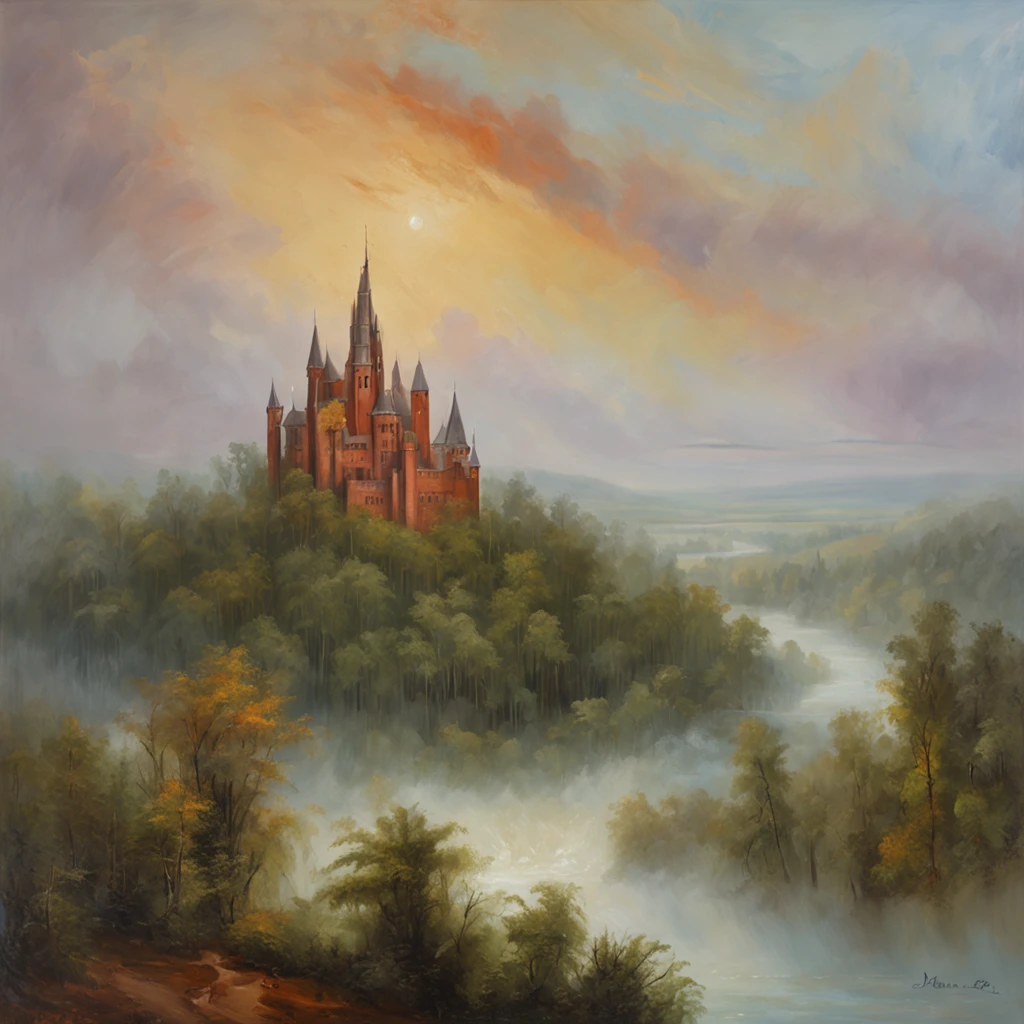 A huge tall Gothic red brick castle on a high hill in a coniferous forest, Hilly terrain, The river flowing next to the castle, Large cloudiness, Fog in the lowlands above the river, jour, high picture quality, High definition of the picture, max detail.