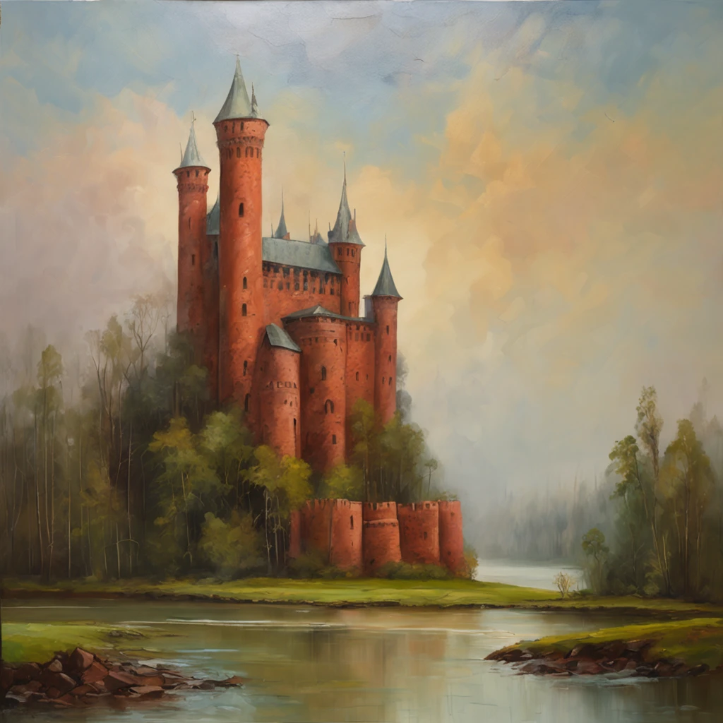 A huge tall Gothic red brick castle on a high hill in a coniferous forest, Hilly terrain, The river flowing next to the castle, Large cloudiness, Fog in the lowlands above the river, jour, high picture quality, High definition of the picture, max detail.