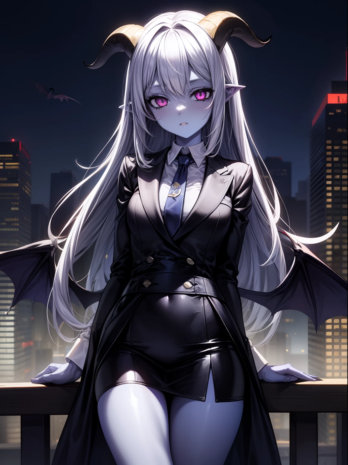 1girl,solo focus,goat horns,purple eyes,colored sclera,silver hairs, long hair, blue skin,colored skin, bat wings, waist wings, tuxedo,city,necktie