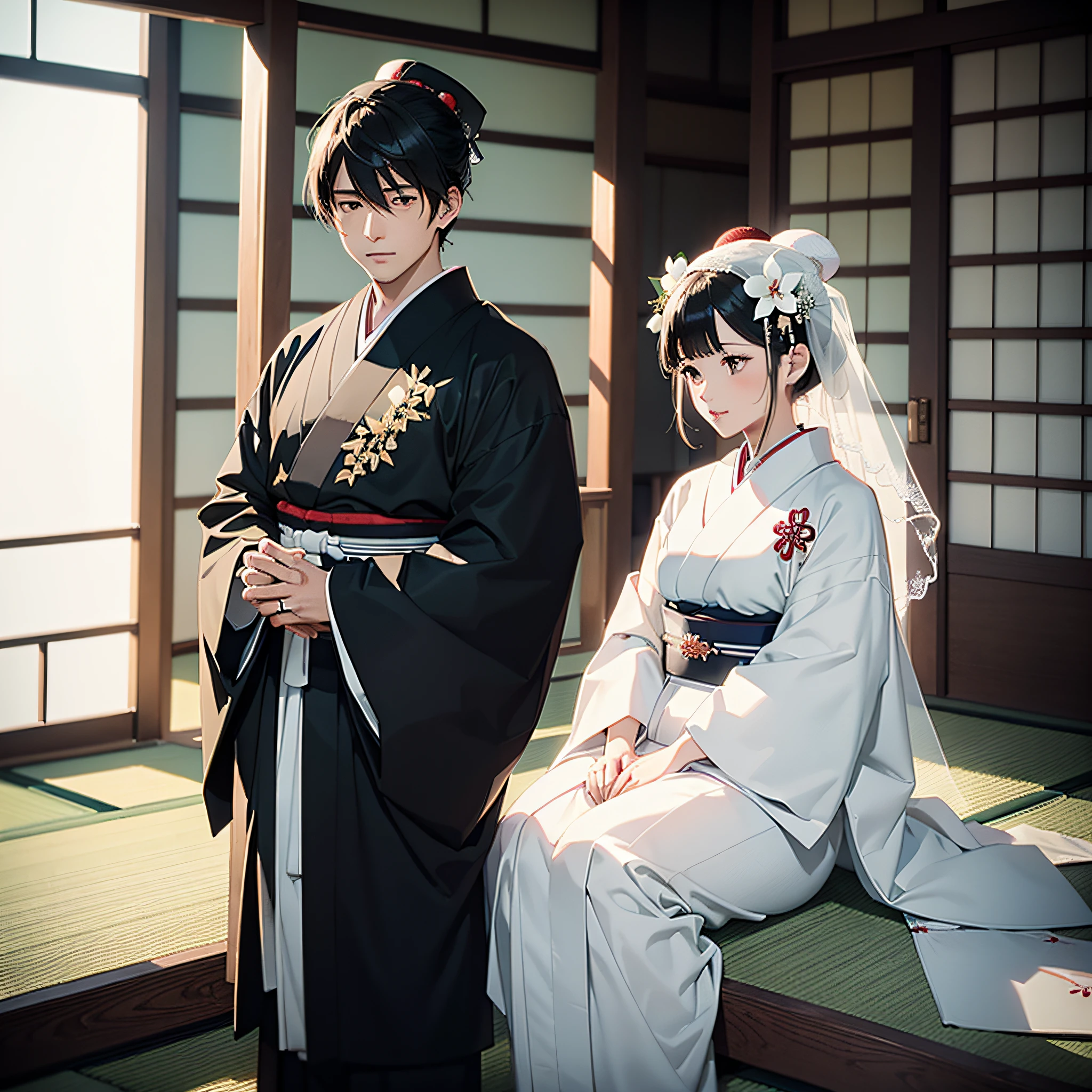 ((Wedding in a classic kimono of the Japan、Men wear hakama with black crests、The woman wears a plain white cotton hat on her head, white tabi socks, a solid white kimono with vermilion borders, and a solid white obi.、a couple)):1.9、Highly detailed background,Realistic,ultra-detailliert,super detailed skin,light glow,Film grain,Expro II,Lens Flare,Sharpen,cinematic shadow