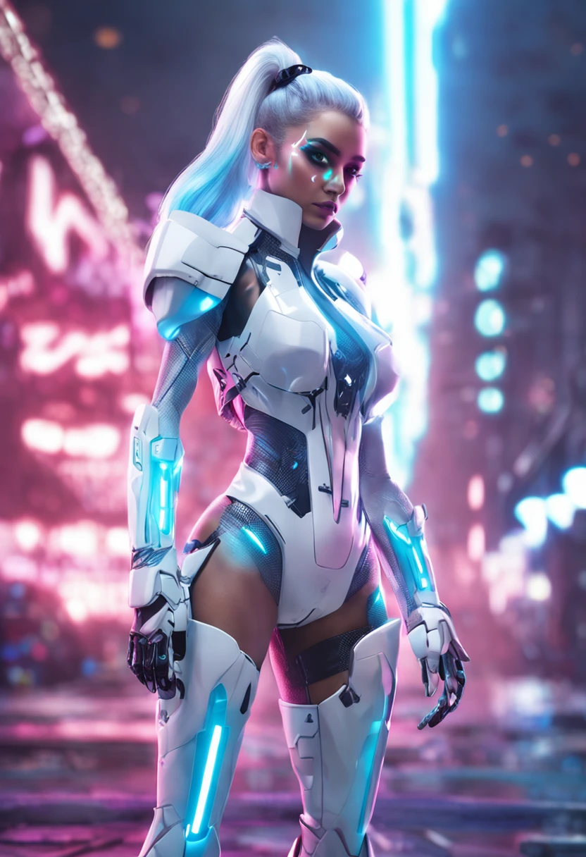 Full body internet girl with ponytail. Ariana Grande's face. Bright white indicates that she is a cyber girl with a white laser rifle. White eyebrows. Clothes like cat outfits. She also has bright blue eyes. The environment is similar to a terminator. The hair is platinum blonde. One side of her face was illuminated by bright blue. Like LEDs. And both hands also have LED lights.