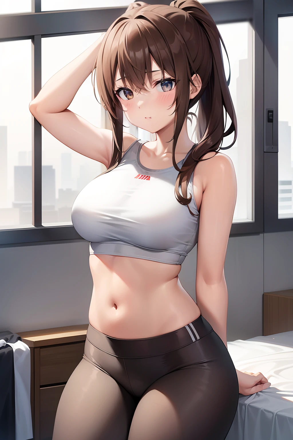 brown_hair, athletic girl, white_shirt, white_lingerie, knotted hem, grey_leggings