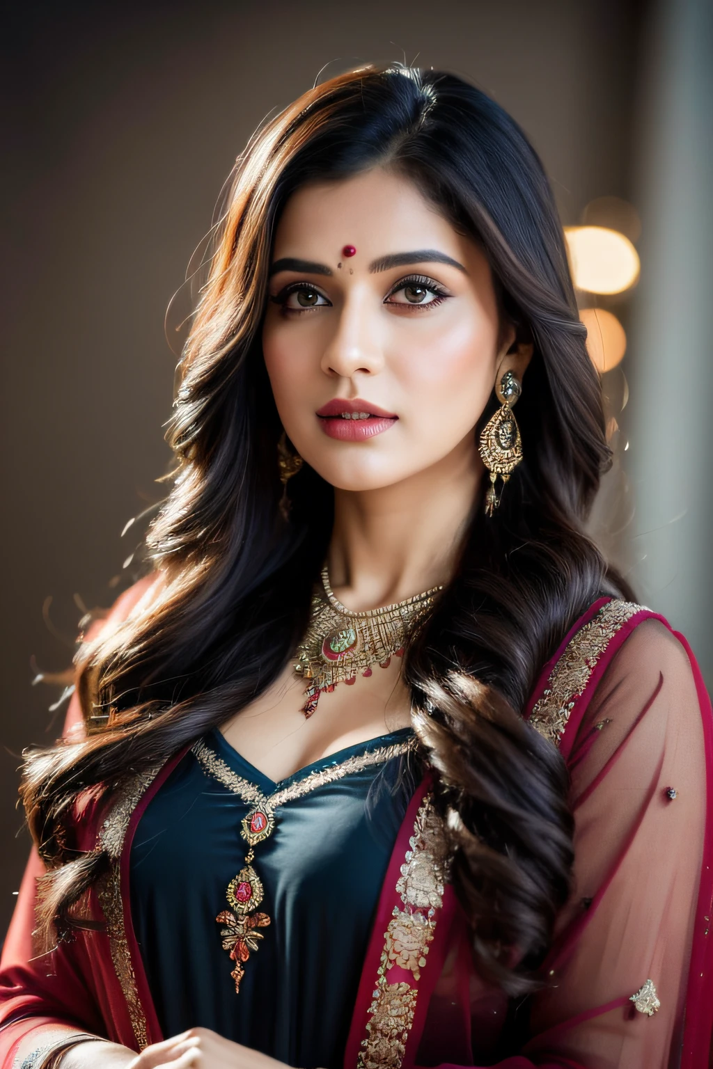 Portrait of A confident-looking Indian woman with long flowing hair, hazel eyes, with flowing capes, sitting in the park, wearing red saree, with perfect composition, hyperrealistic, super detailed, 8k, high quality, trending art, trending on artstation, sharp focus, studio photo, intricate details, highly detailed, art by greg rutkowski