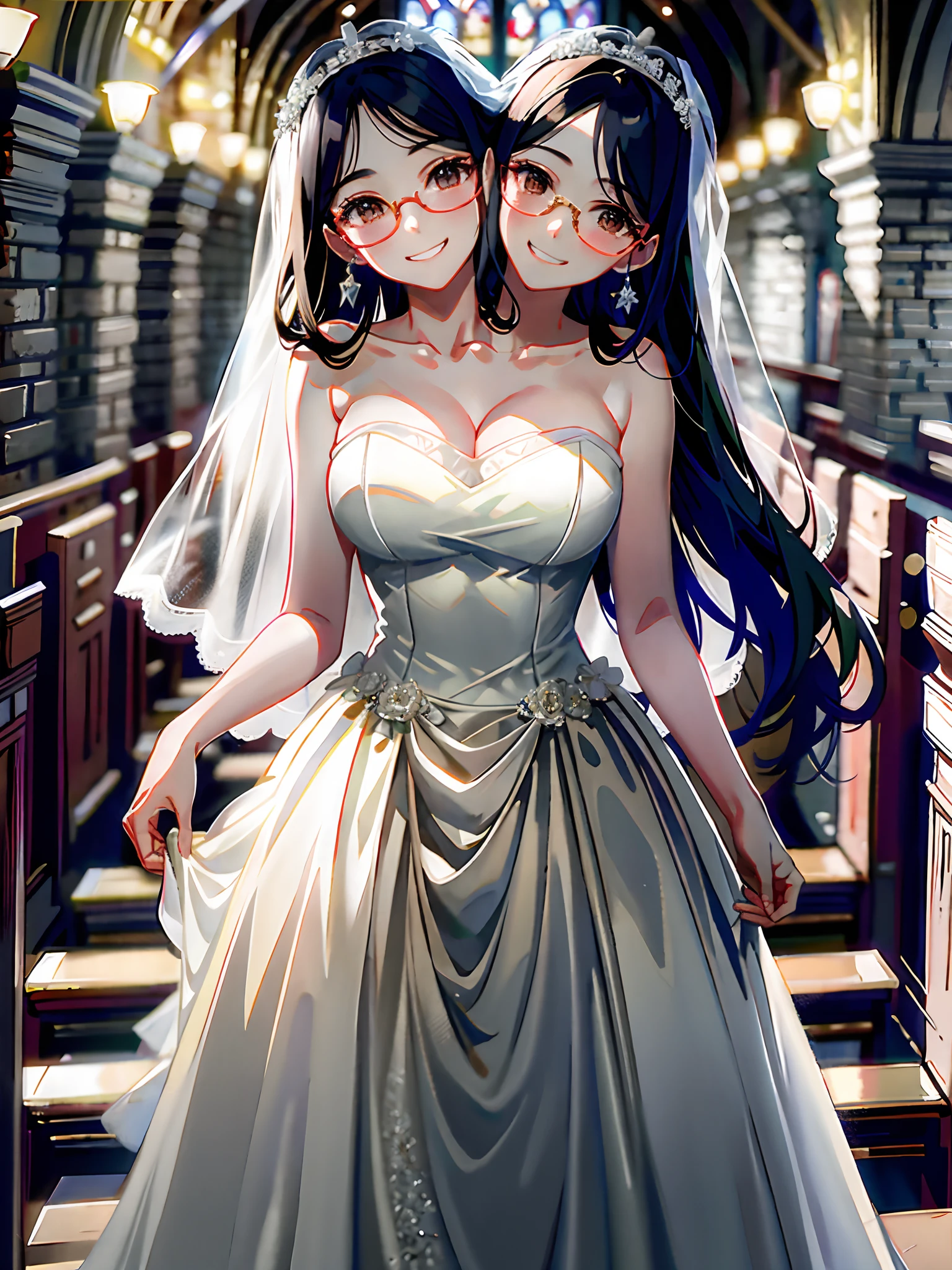 (masterpiece, best quality), best resolution, (2heads:1.5), 1girl, black hair, brown eyes, two pairs of glasses, wedding dress, grinning, walking, church, wedding ceremony, close up