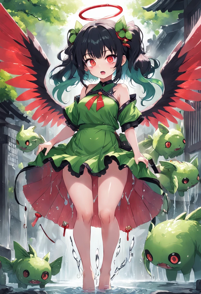 NSFW,Black color hair,Idol girl,Monsters are anthropomorphic,Four small white wings,Heterochromic pupils,Maniac,Shower skirt,Anime girl with wings and red oriental style bubble skirt holding green caterpillar,touhou character,small curvaceous ,,Exaggerated double pill head,Exaggerated expressions,Naughty,Very long sideburns,1girll,slightly fat big breasts