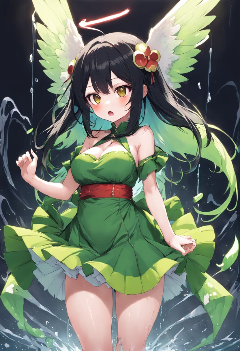 NSFW，Black color hair，Idol girl，Monsters are anthropomorphic，Four small white wings，Heterochromic pupils，Maniac，Shower skirt，Anime girl with wings and red oriental style bubble skirt holding green caterpillar,touhou character，small curvaceous ，，Exaggerated double pill head，Exaggerated expressions，Naughty，Very long sideburns，1girll，slightly fat big breasts