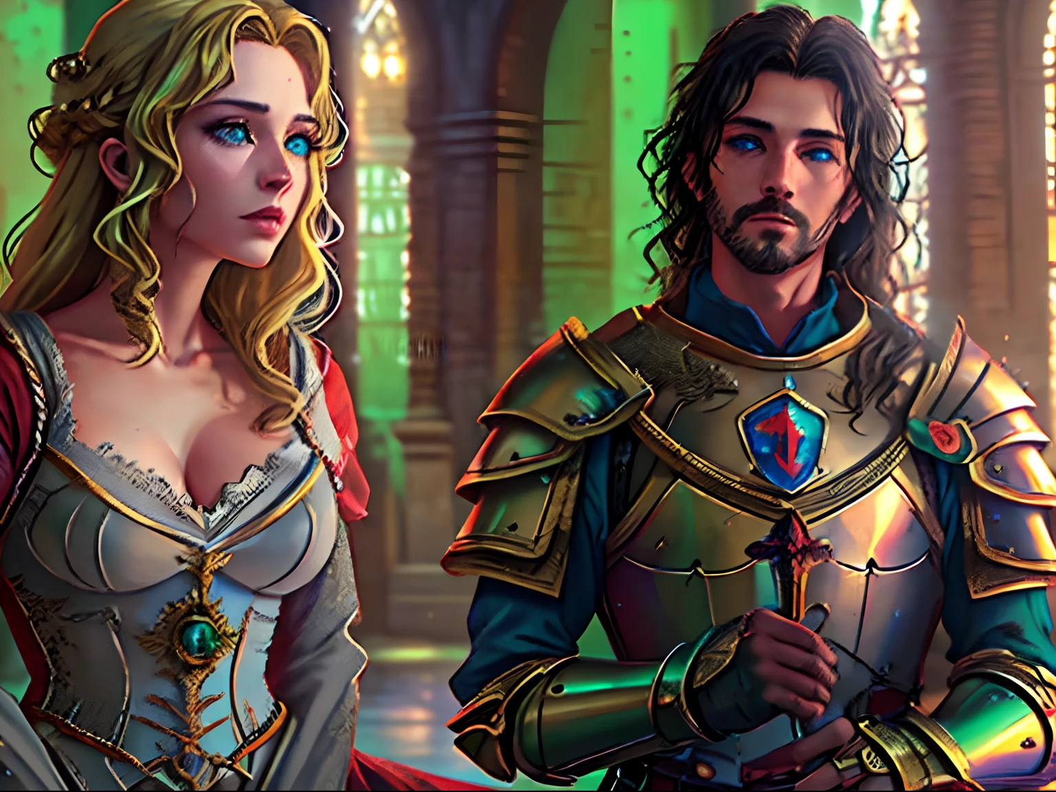 arafed, high details, best quality, 8k, [ultra detailed], masterpiece, best quality, (extremely detailed), dynamic angle, ultra wide shot, RAW, photorealistic, a wide angle picture of a wedding between a knight and her prince in medieval castle, a female human knight, pic beautiful human woman (best details, Masterpiece, best quality), ultra detailed face (best details, Masterpiece, best quality), blond hair, long hair, wavy hair, green eyes, wearing heavy armor, metallic armor, armor shines BREAK, and a human male prince, beautiful human man (best details, Masterpiece, best quality), ultra detailed face (best details, Masterpiece, best quality), black hair, short hair, blue eyes, wearing, medieval style clothes, noble clothes, fantasy castle background, Ultra-Wide Angle, high detail, award winning, best quality, HD, 16K, 3D rendering, high details, best quality, highres, ultra wide angle, 3D rendering, [[anatomically correct]]