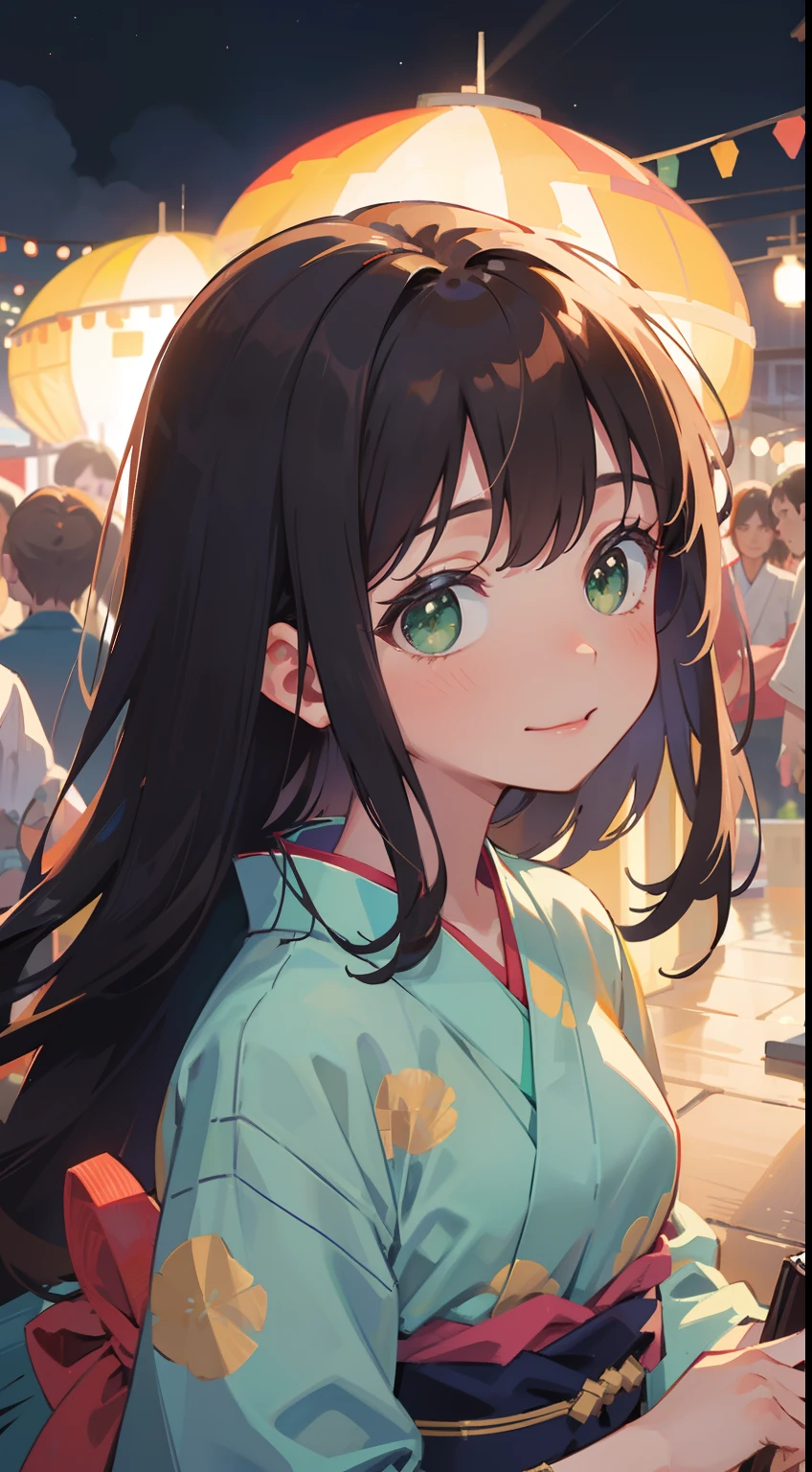 (masterpiece), (best quality), ultra high res, sharp focus, warm pastel tone, ((1 woman, solo)), upper body, medium long shot, MLS, beautiful detailed hair, chestnut brown hair, fringe long hair, beautiful detailed face, ((beautiful shape eyes, green eyes)), perfect feminine face, colorful yukata, look at the viewer, smiles, comfortable face, in crowds of the japanese summer festival, (at the beautiful night time:1.2)